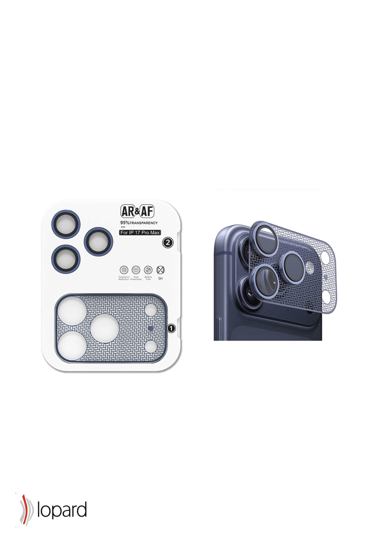 AR&AF logosuna sahip beyaz iPhone kamera koruyucu ve koruyucusu takılı bir iPhone.