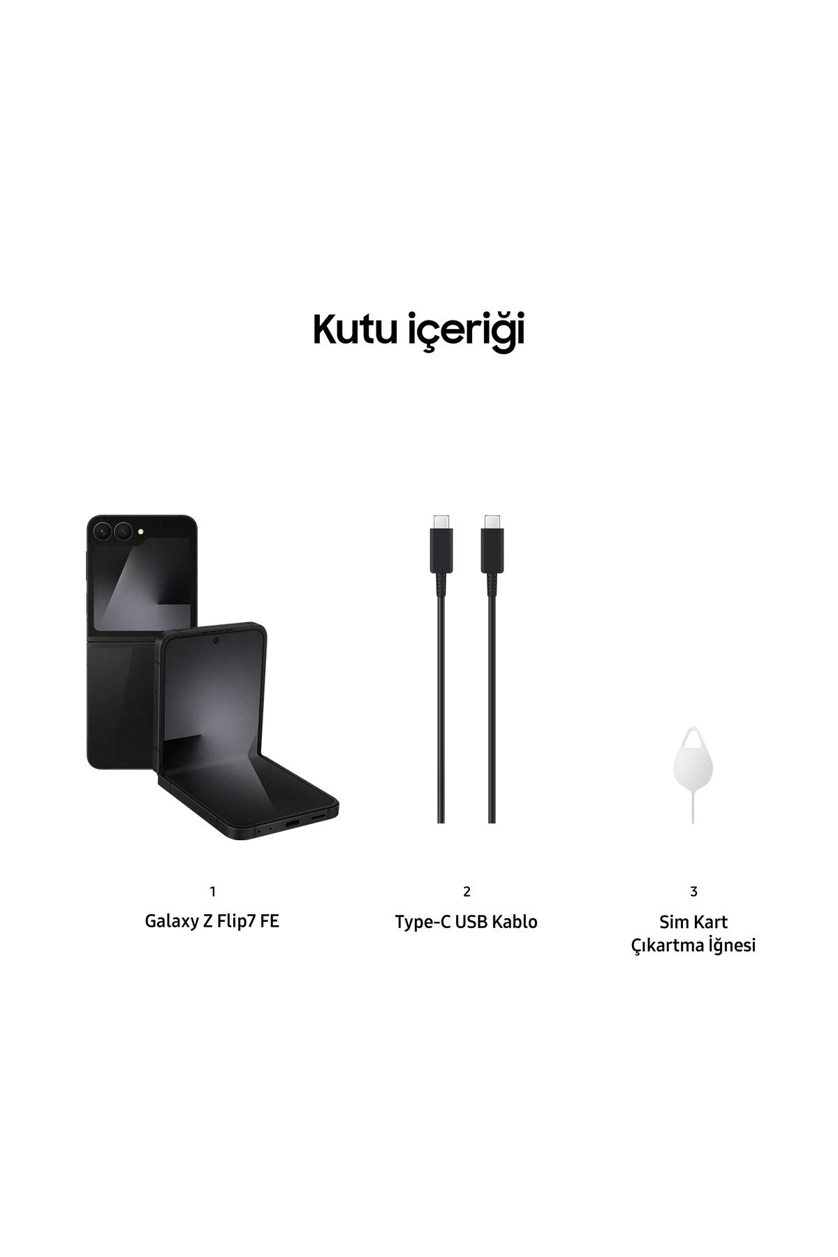 Siyah Galaxy Z Flip7 FE, iki USB-C kablosu ve SIM kart çıkarma iğnesi.
