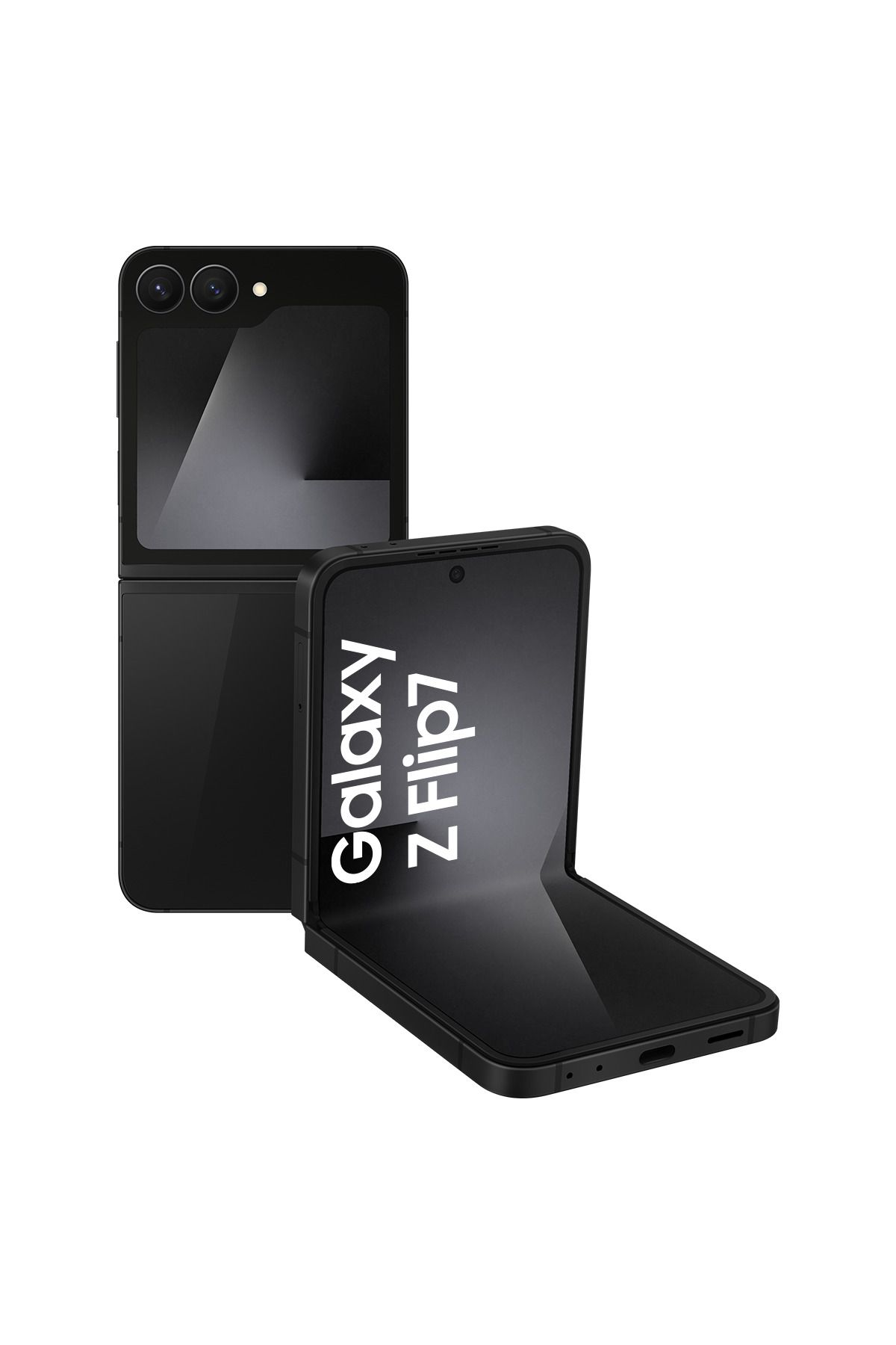 Siyah Galaxy Z Flip 7 akıllı telefon, biri kapalı, biri açık.