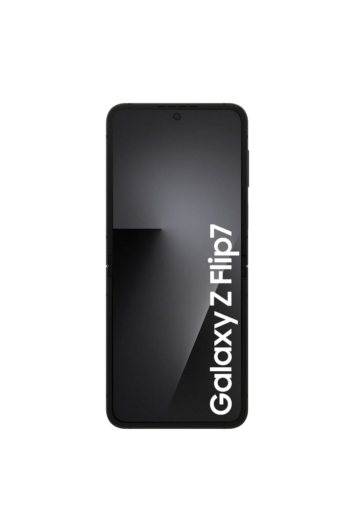 Ters ekranlı siyah bir Samsung Galaxy Z Flip7 telefon.