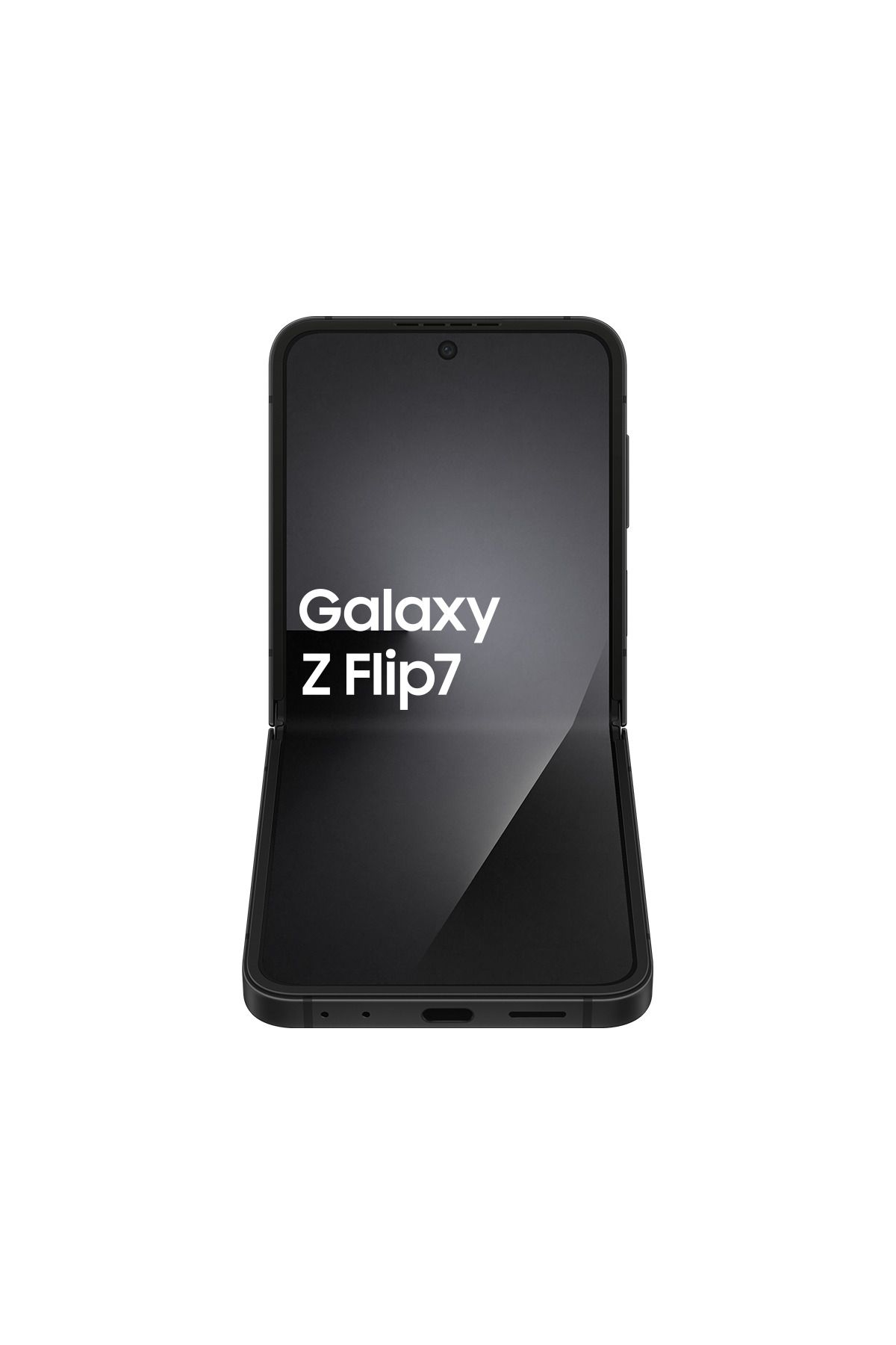 Ekranında logo bulunan siyah Samsung Galaxy Z Flip7 telefon, açık halde.