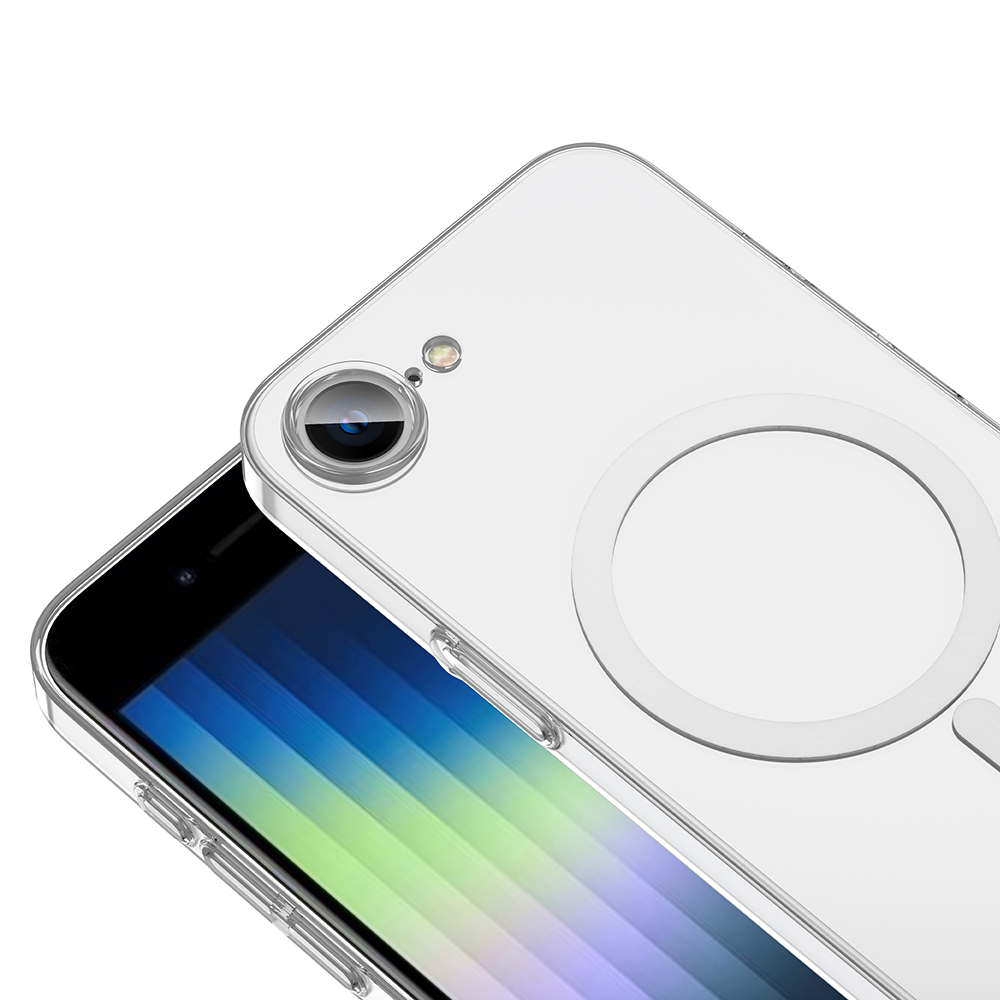 Arkada dairesel manyetik halkaya sahip şeffaf telefon kılıfı.