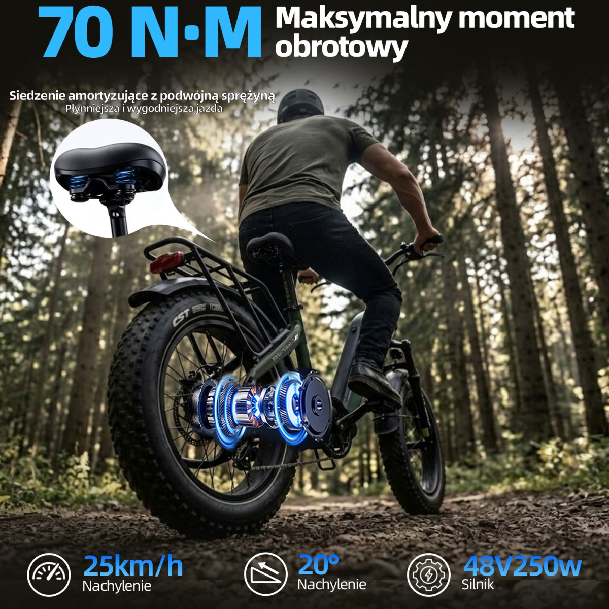 Mężczyzna jedzie e-bike w lesie. 70 Nm momentu, amortyzowany siodło, 25 km/h, nachylenie 20°.