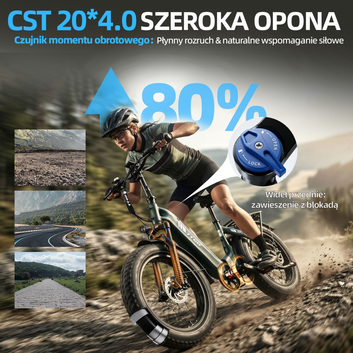 Kobieta jedzie rowerem elektrycznym w terenie, z wyświetlaczem 80% i widelcem.