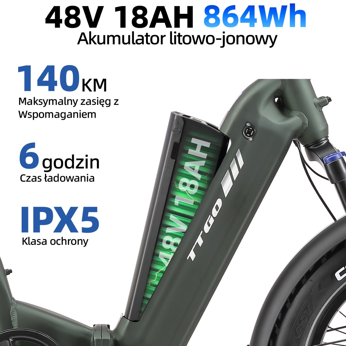 E-bike z baterią 48V 18AH, zasięg 140km, czas ładowania 6h, IPX5.