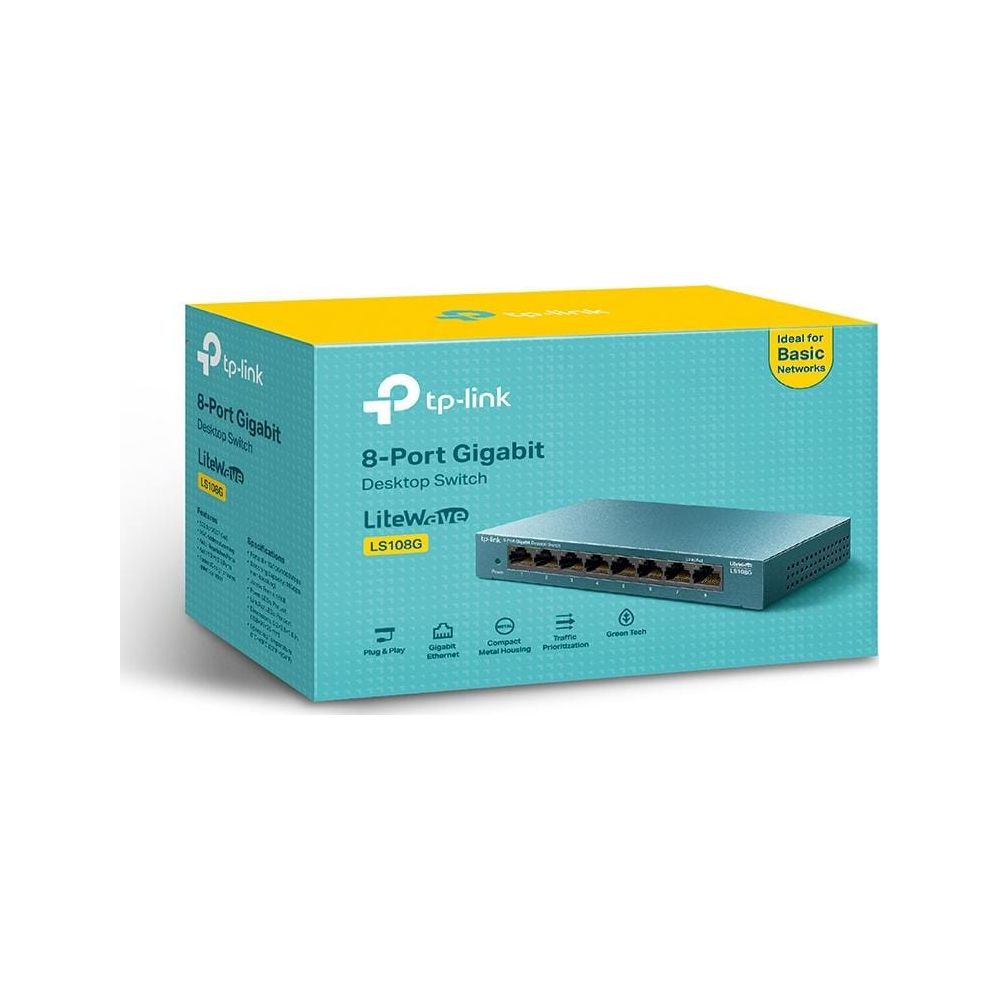 TP-Link 8-Port Gigabit Desktop Switch LS108G na niebieskim pudełku z ikonami.
