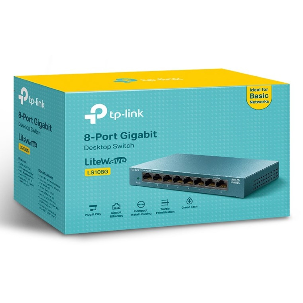 TP-Link 8-portowy przełącznik biurkowy Gigabit, LS108G, z portami i wskaźnikami.