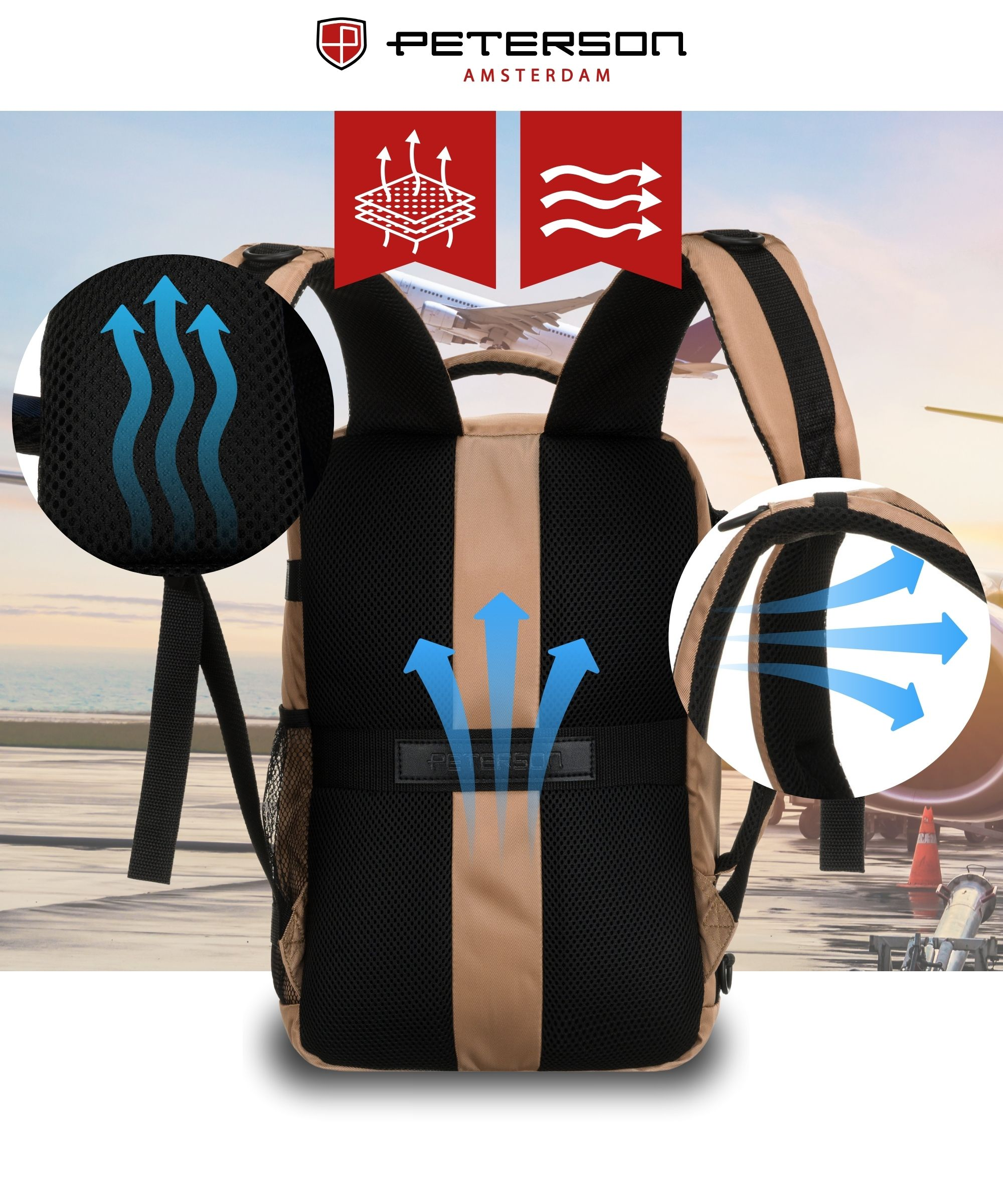 Zaino con icone di ventilazione, aereo e spiaggia sullo sfondo.