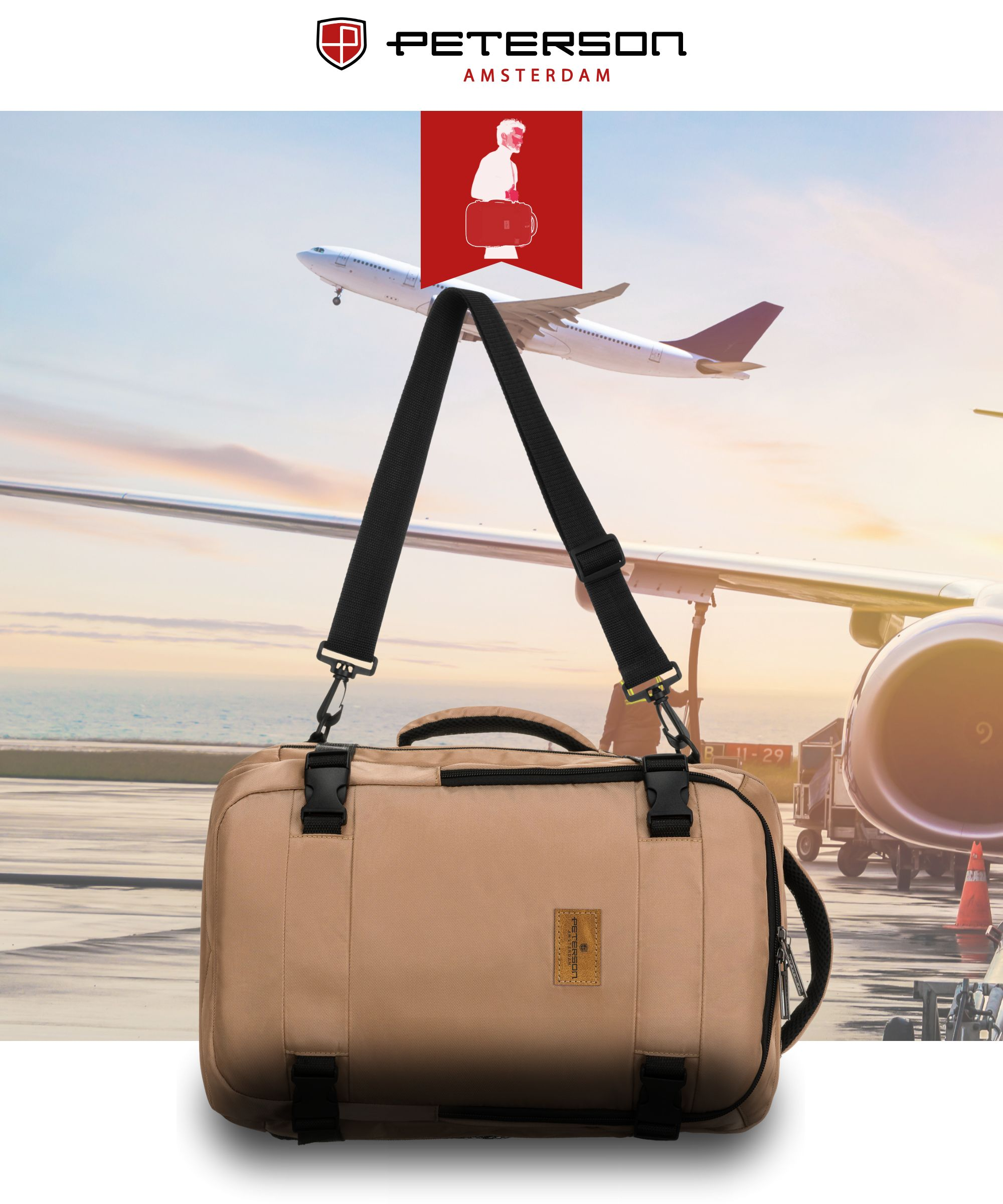 Una borsa da viaggio color cachi davanti a un aereo in aeroporto.