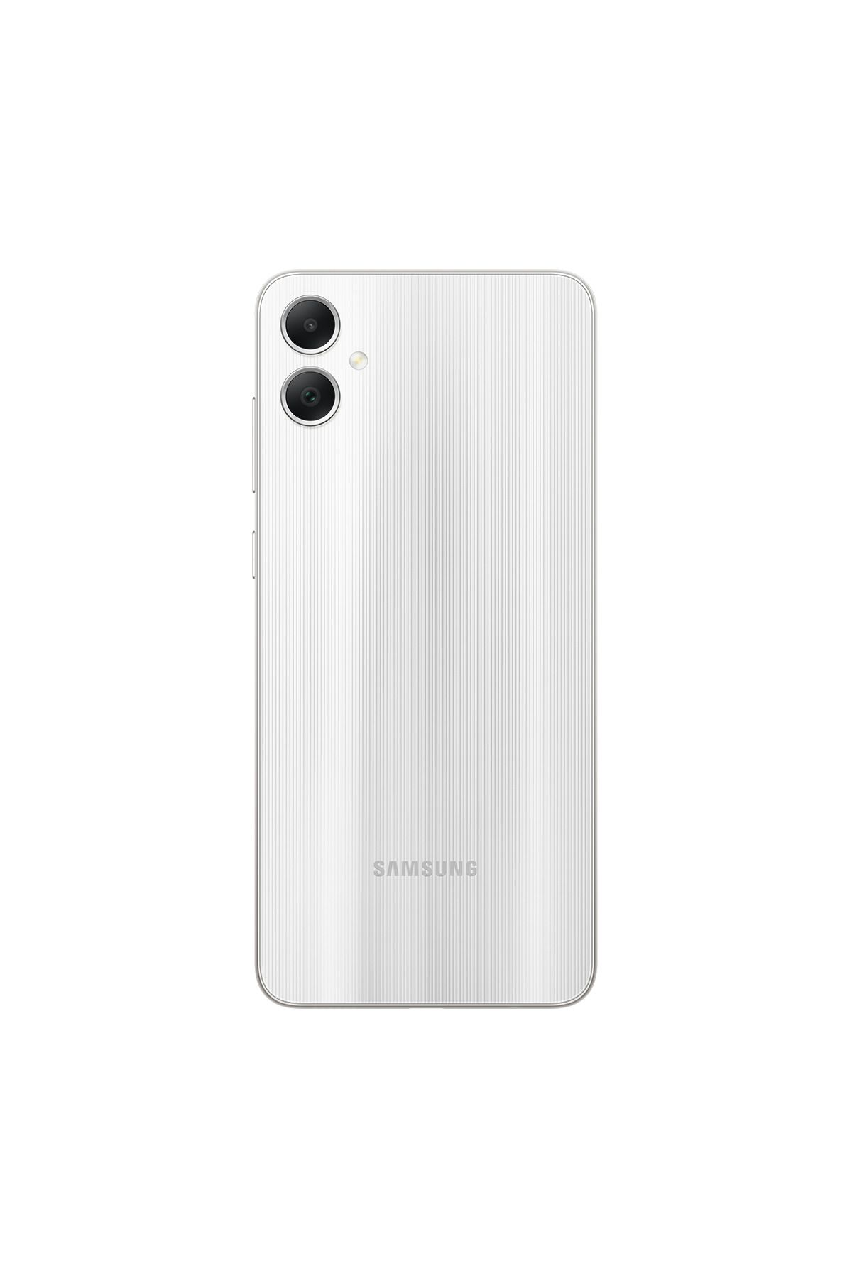 Dikey çizgili beyaz Samsung akıllı telefonun arkası, iki kamera.
