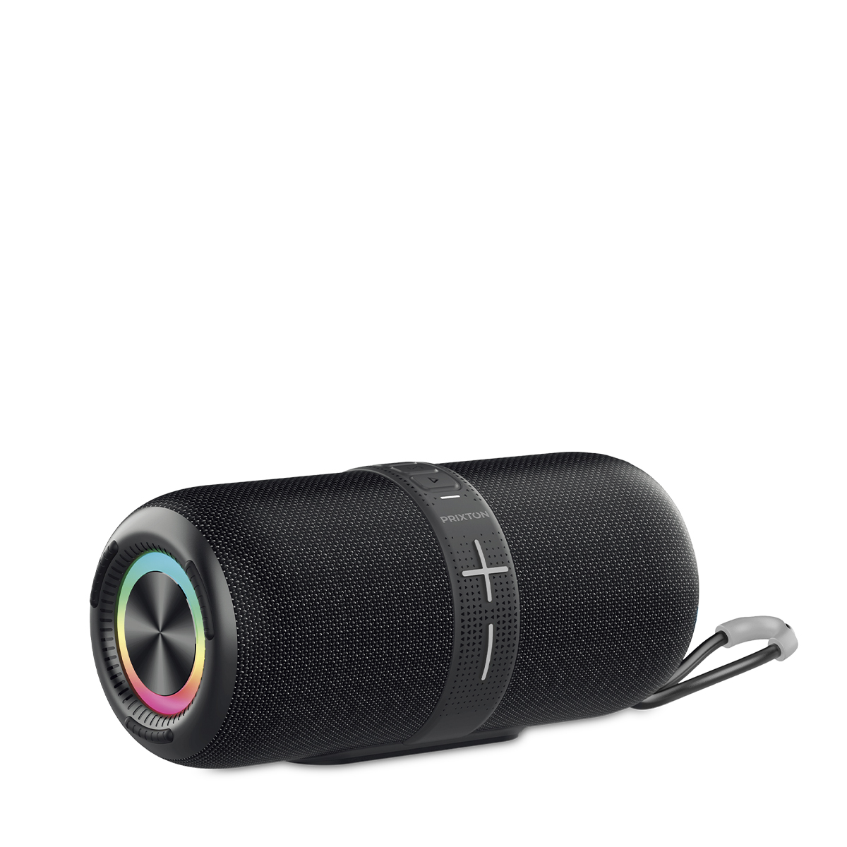 Altoparlante portatile nero con anello LED multicolore su un'estremità e cinghia.