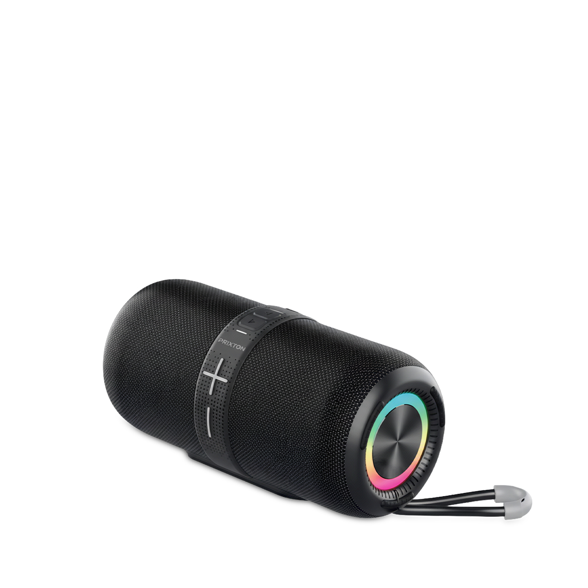 Altoparlante cilindrico nero con anello LED colorato e cinturino su sfondo bianco.