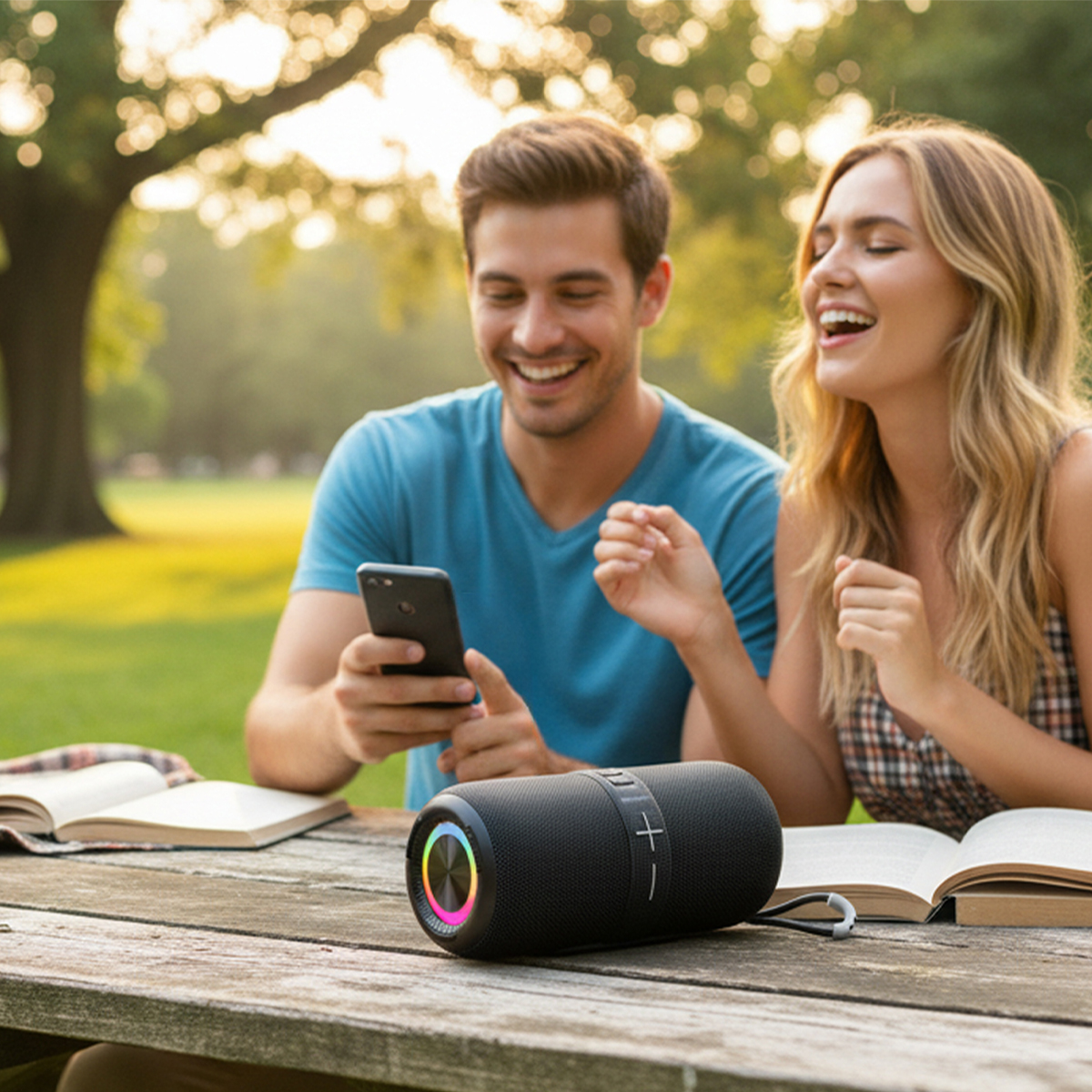 Un uomo e una donna ridono all'aperto a un tavolo da picnic con un altoparlante e libri.