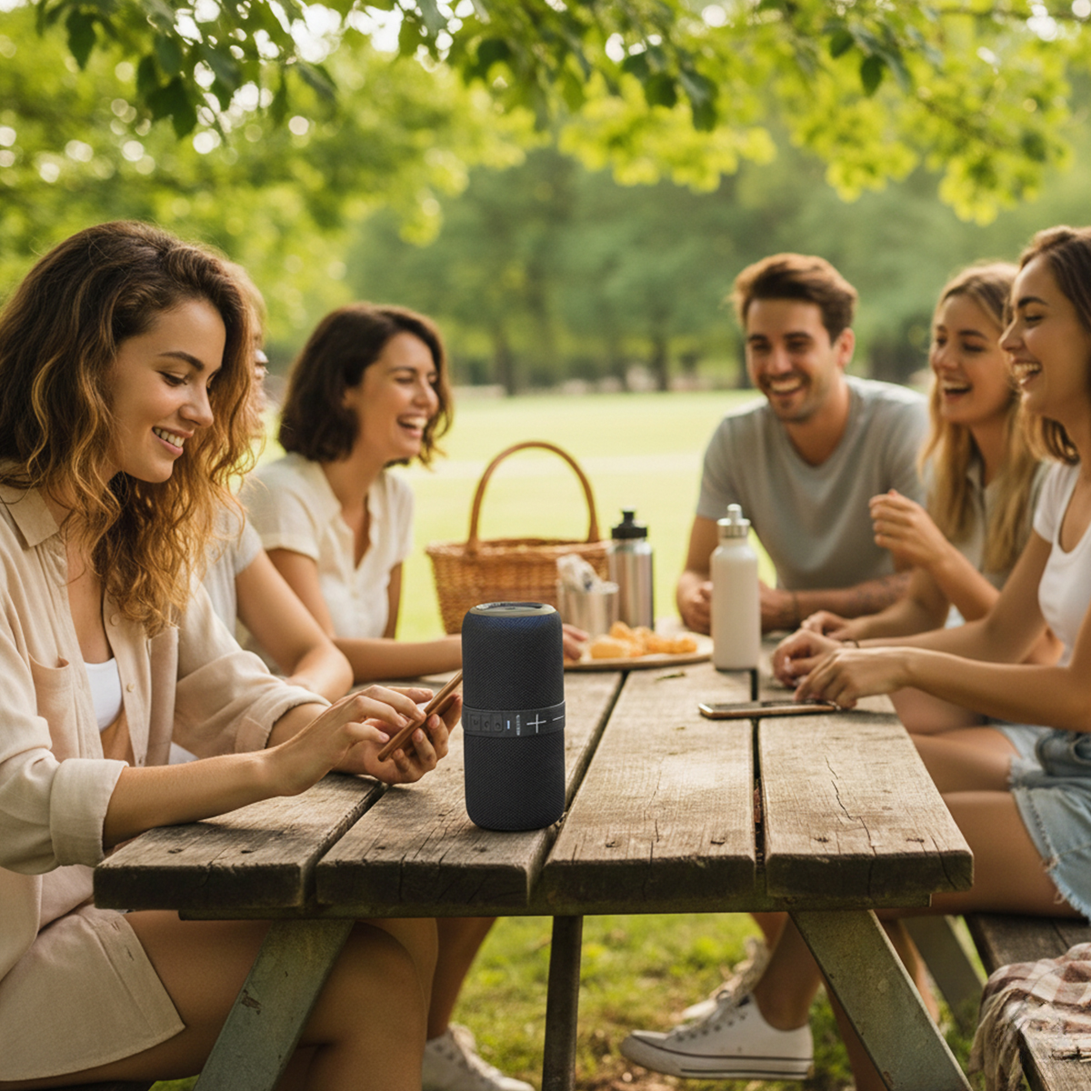 Amici ridono a un tavolo da picnic con altoparlante. Una donna guarda il suo telefono.
