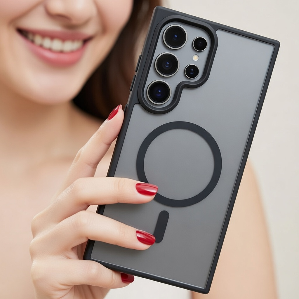 Kadın, manyetik halkalı siyah kılıflı bir akıllı telefon tutuyor.