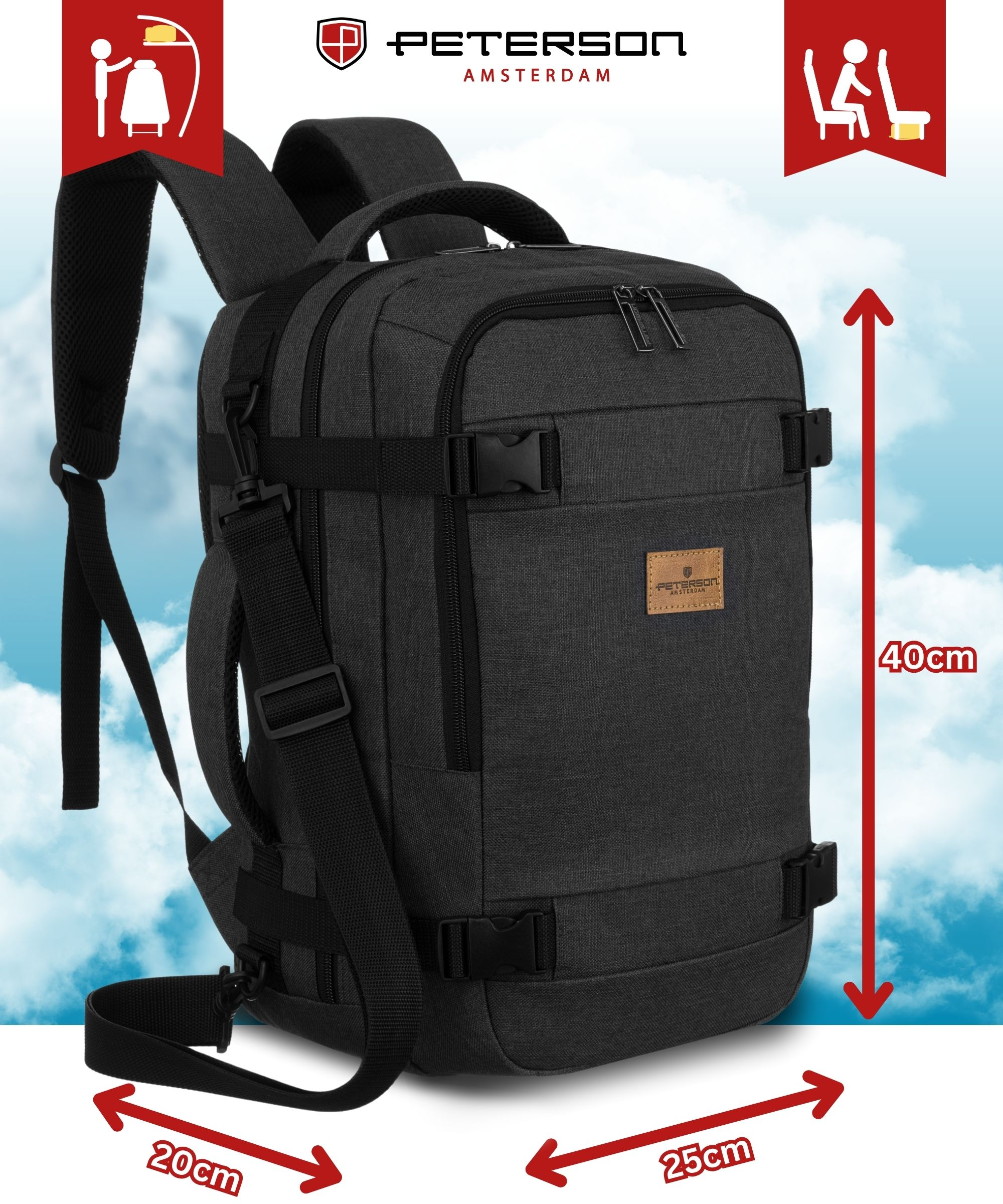 Ciemnoszary plecak z logo Peterson, wymiary 40x25x20cm.