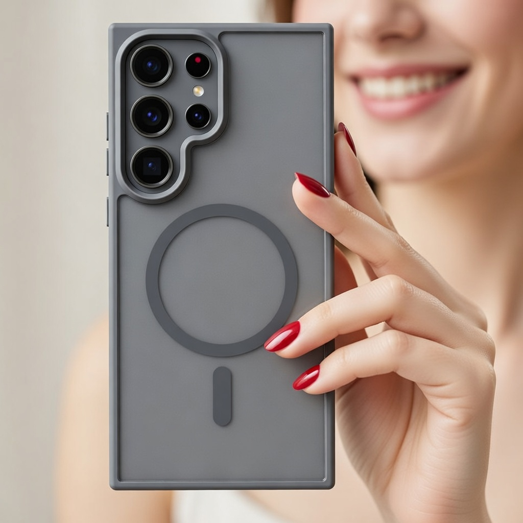 Kırmızı ojeli kadının tuttuğu, kameralı ve manyetik halkalı gri telefon kılıfı.