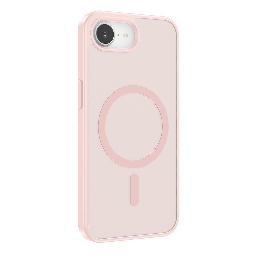 Mıknatıslı halka ve kamera kesimine sahip açık pembe iPhone kılıfı.