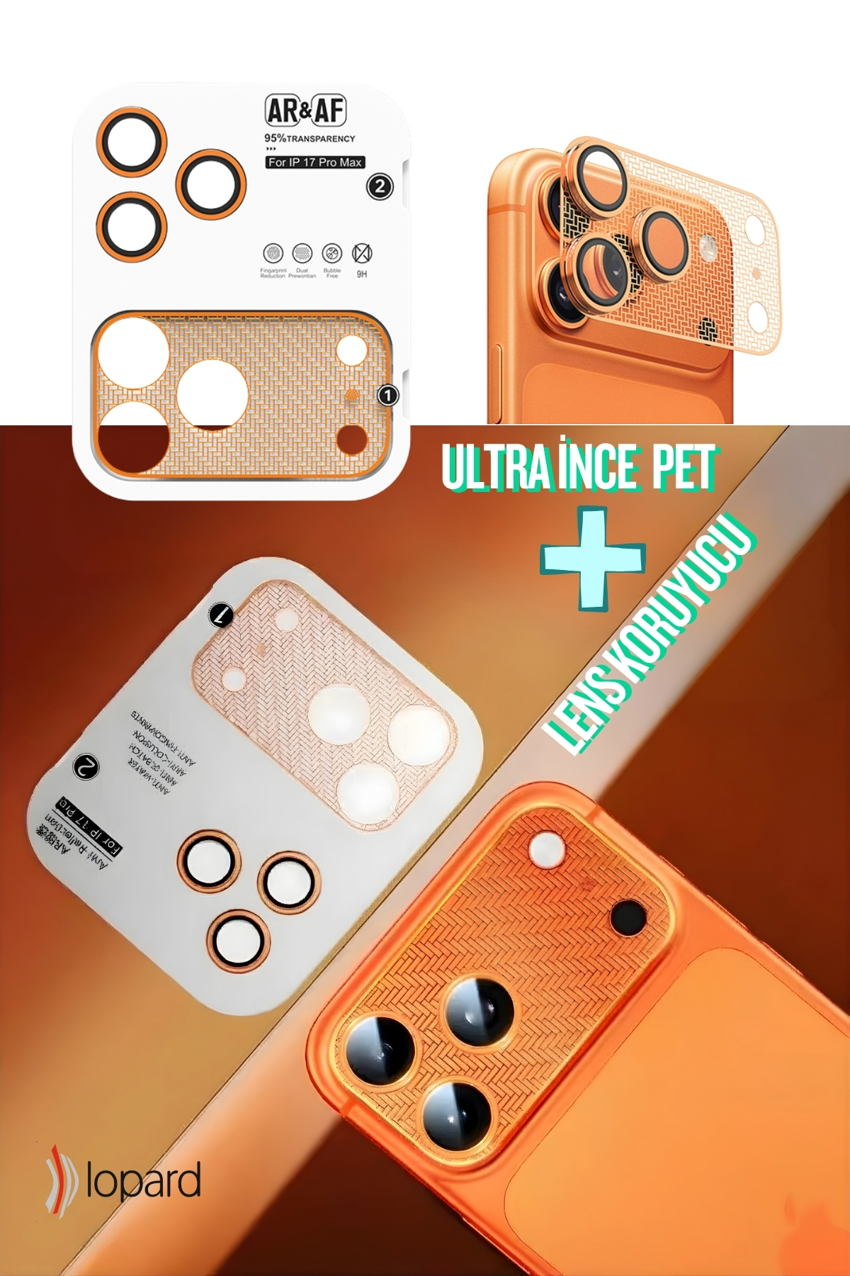 Turuncu iPhone için lens koruyucuları. Lens ve gövde koruması içerir. AR&AF markası.