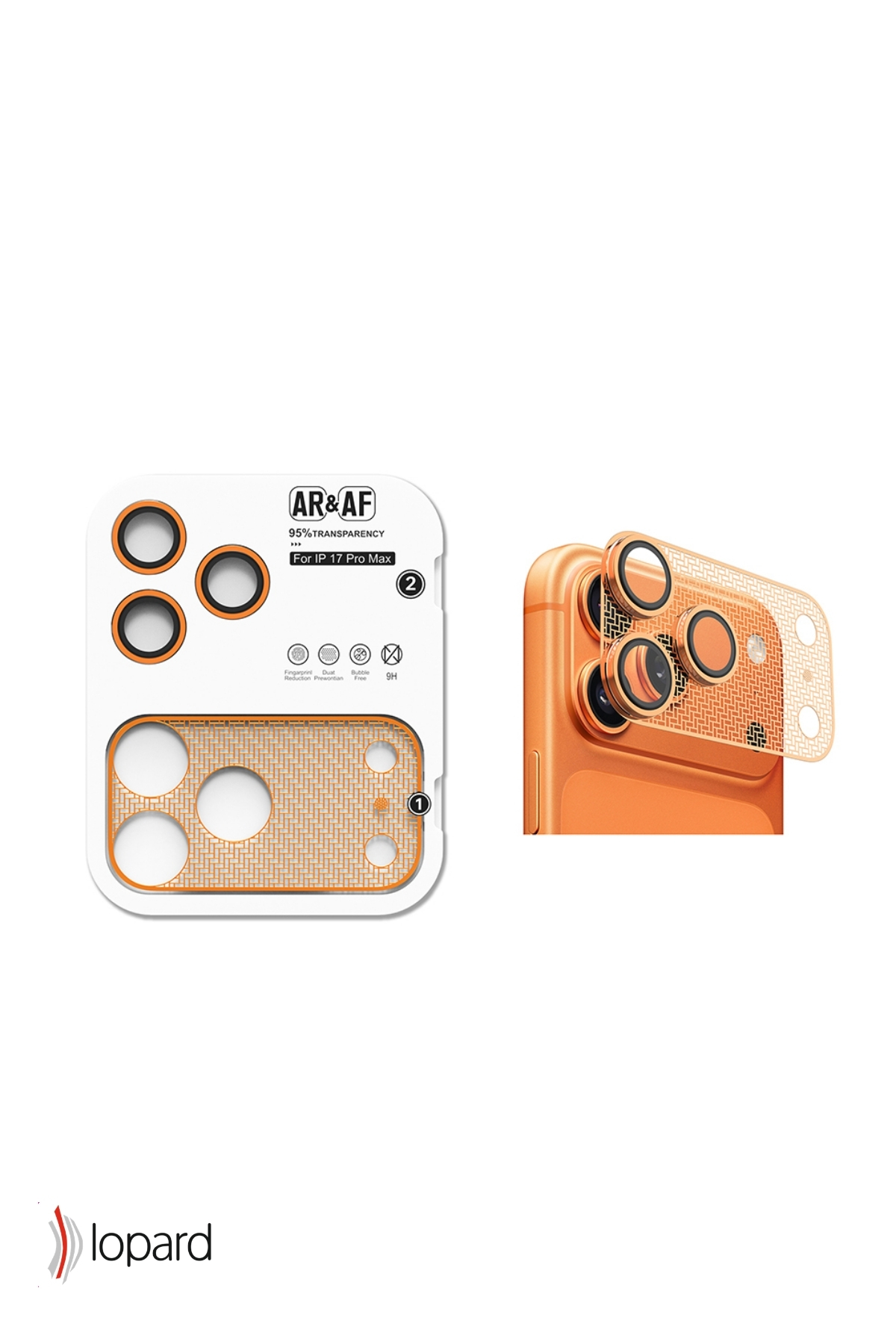AR&AF logolu ambalaj ve iPhone 17 Pro Max kamera koruyucu.