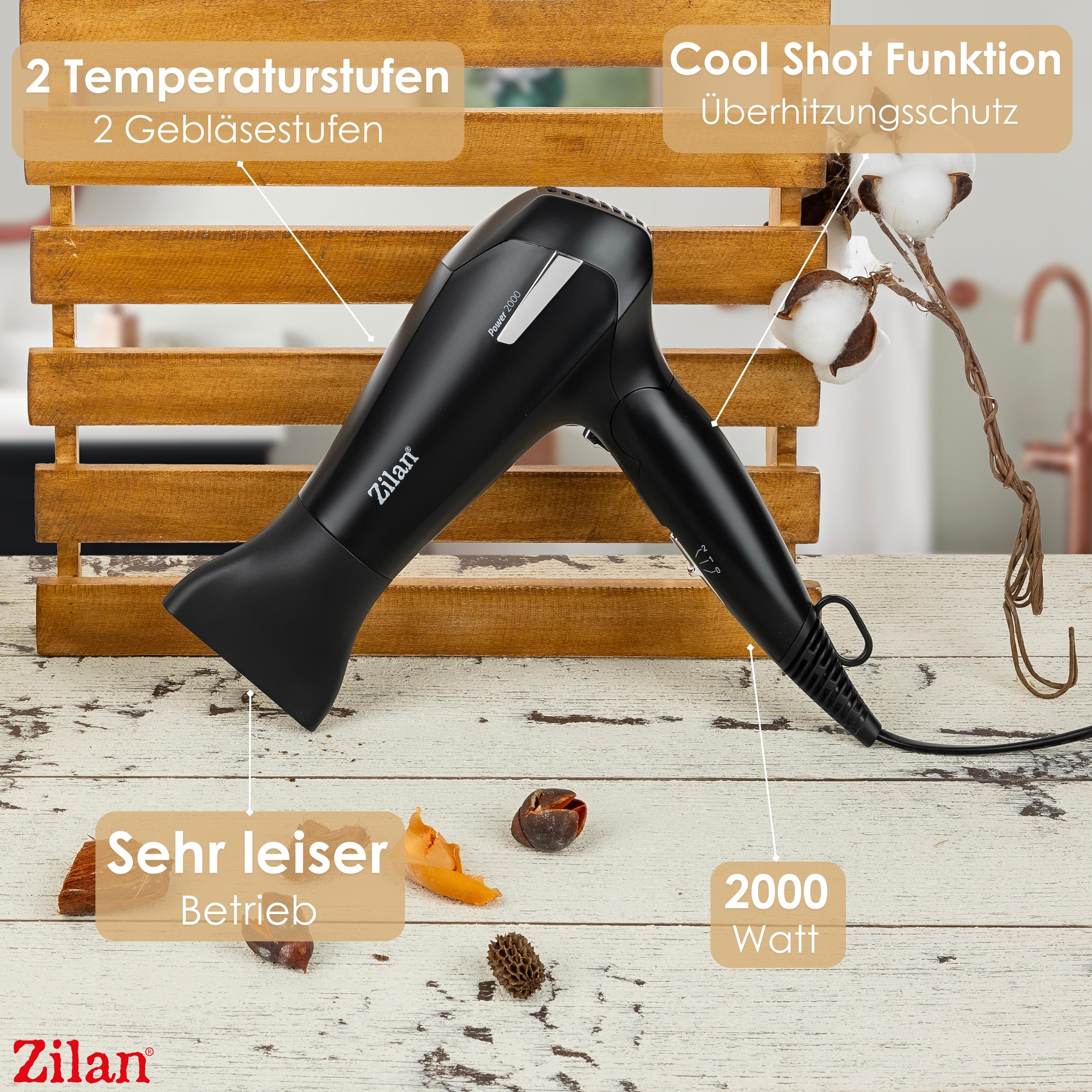 Schwarzer Haartrockner mit zwei Temperatur- und Gebläsestufen, 2000 Watt.