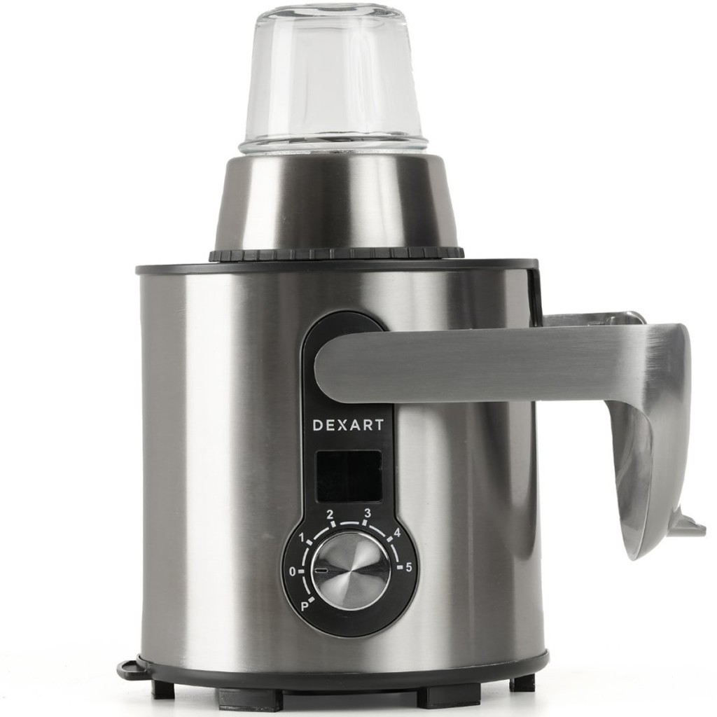 Gümüş rengi, cam kapaklı ve kontrol kadranlı blender.
