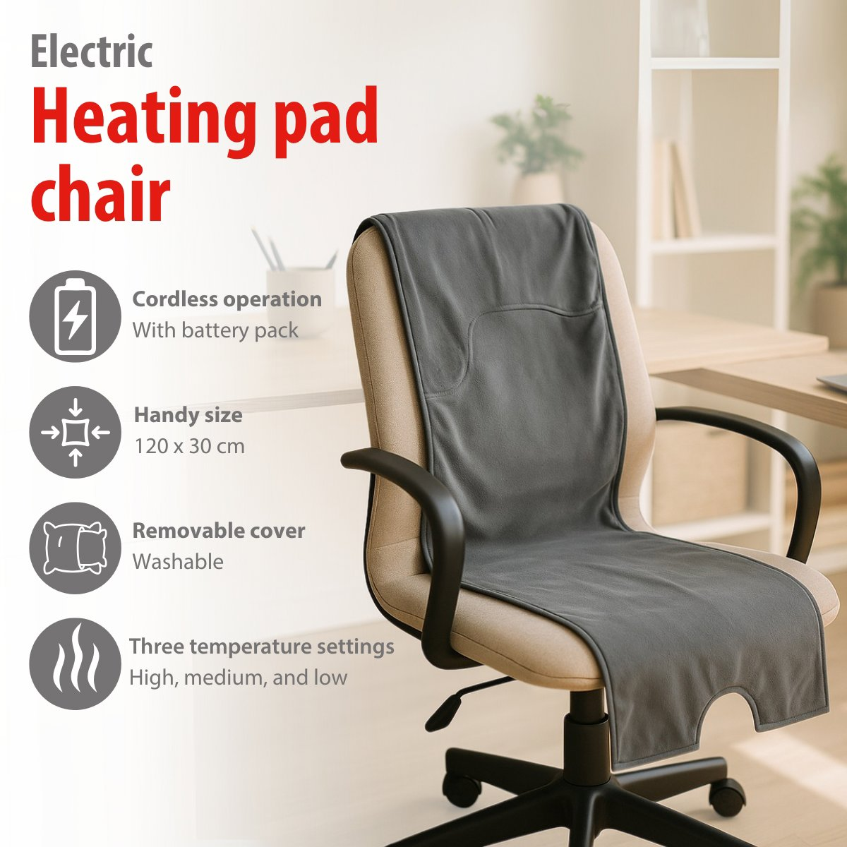 Gray electric heating pad on a chair. Features: cordless, handy size, removable cover, 3 settings.