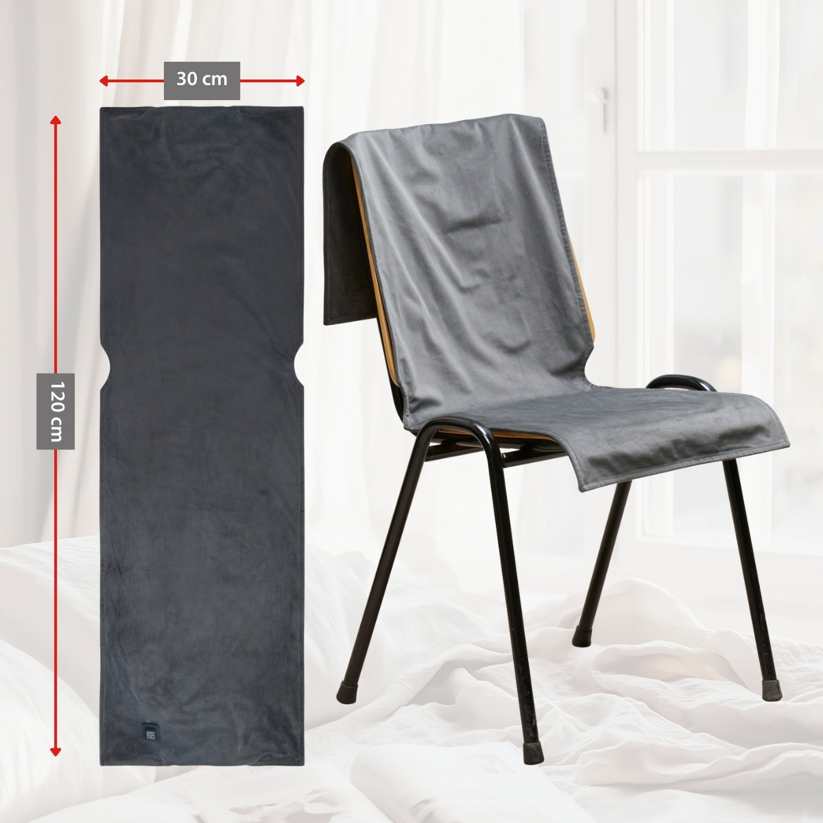 Gray heated shawl laid out and draped on a chair, dimensions 120x30 cm.