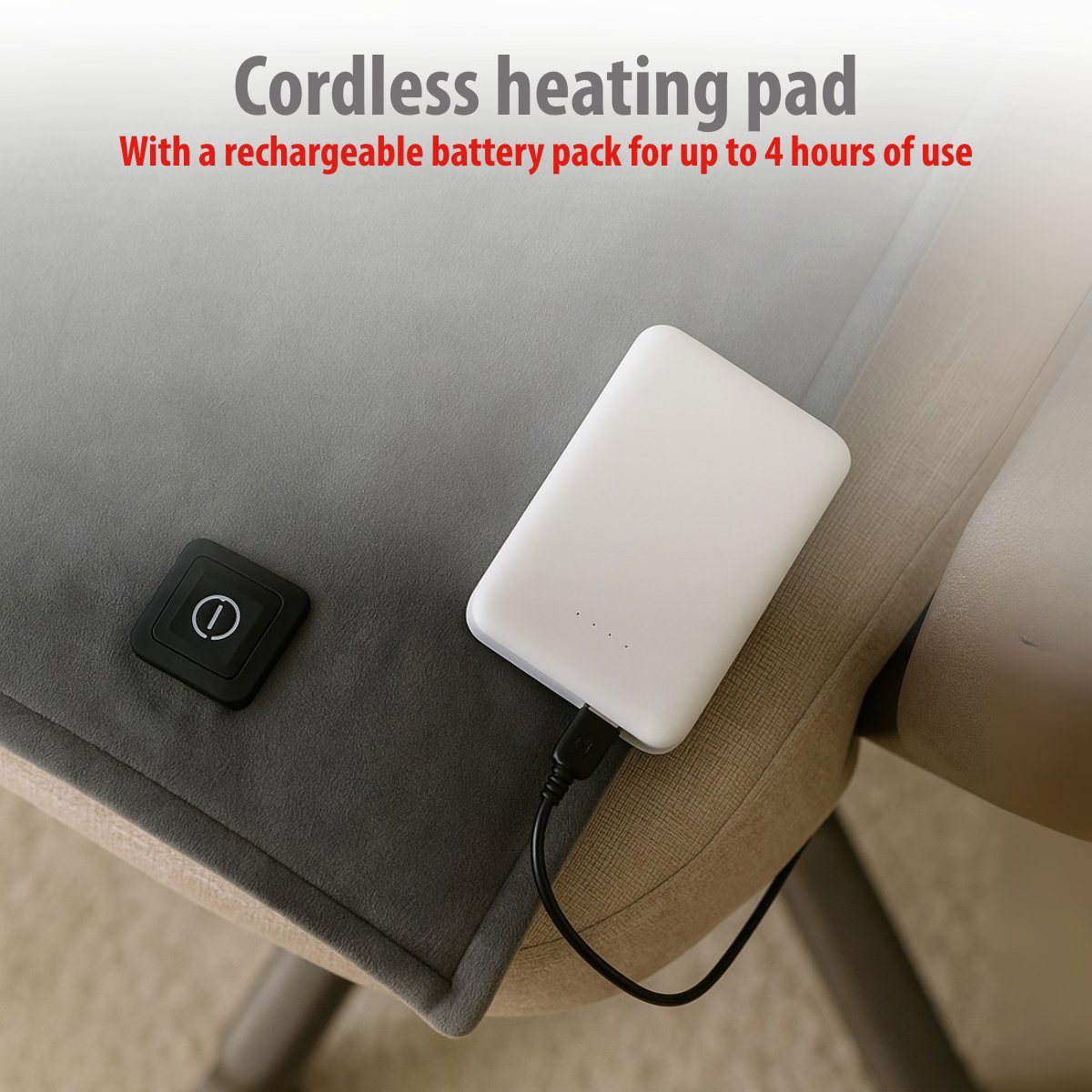Gray heating pad with white battery pack and black on/off button.