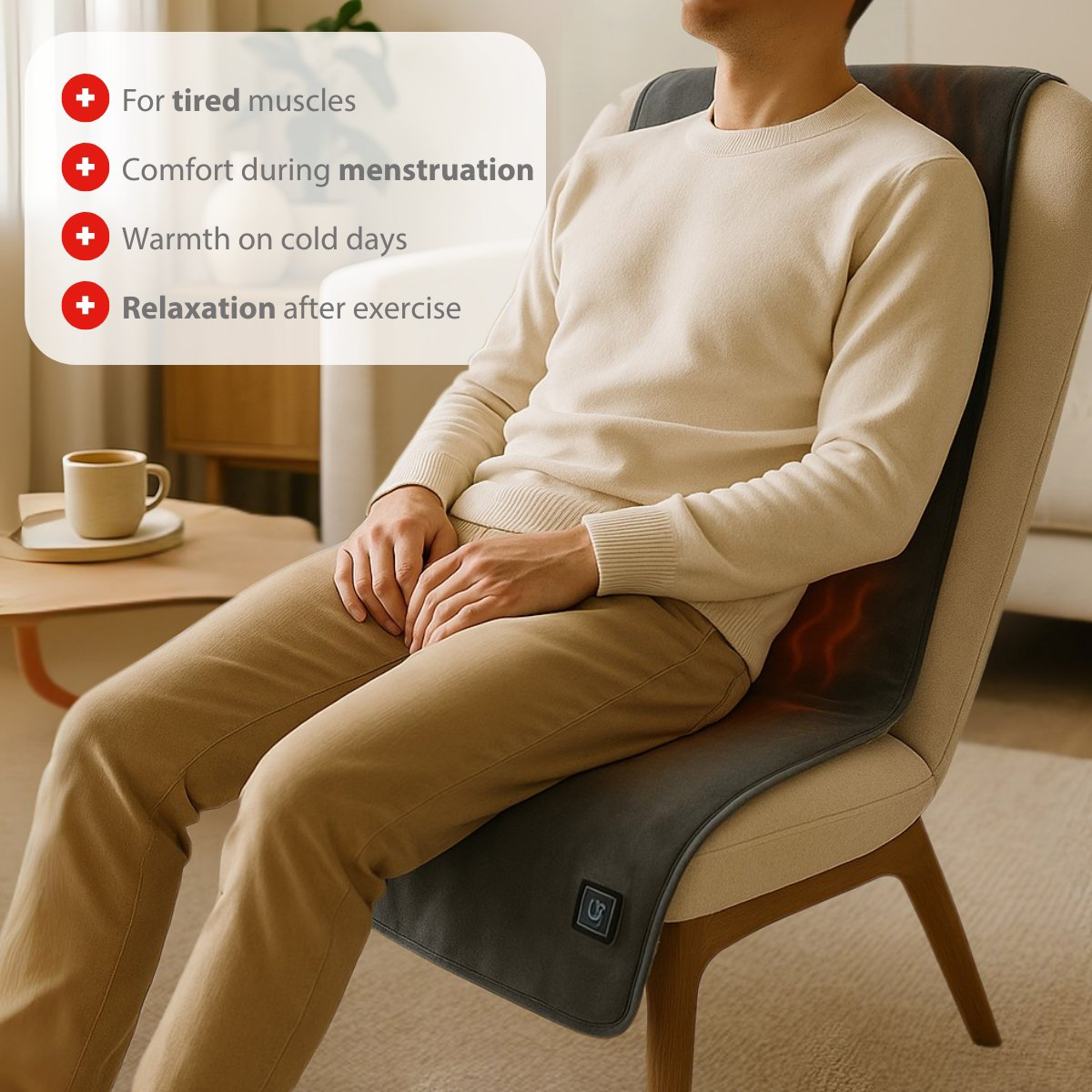 Man sits on a chair with a heating pad on his lower back.