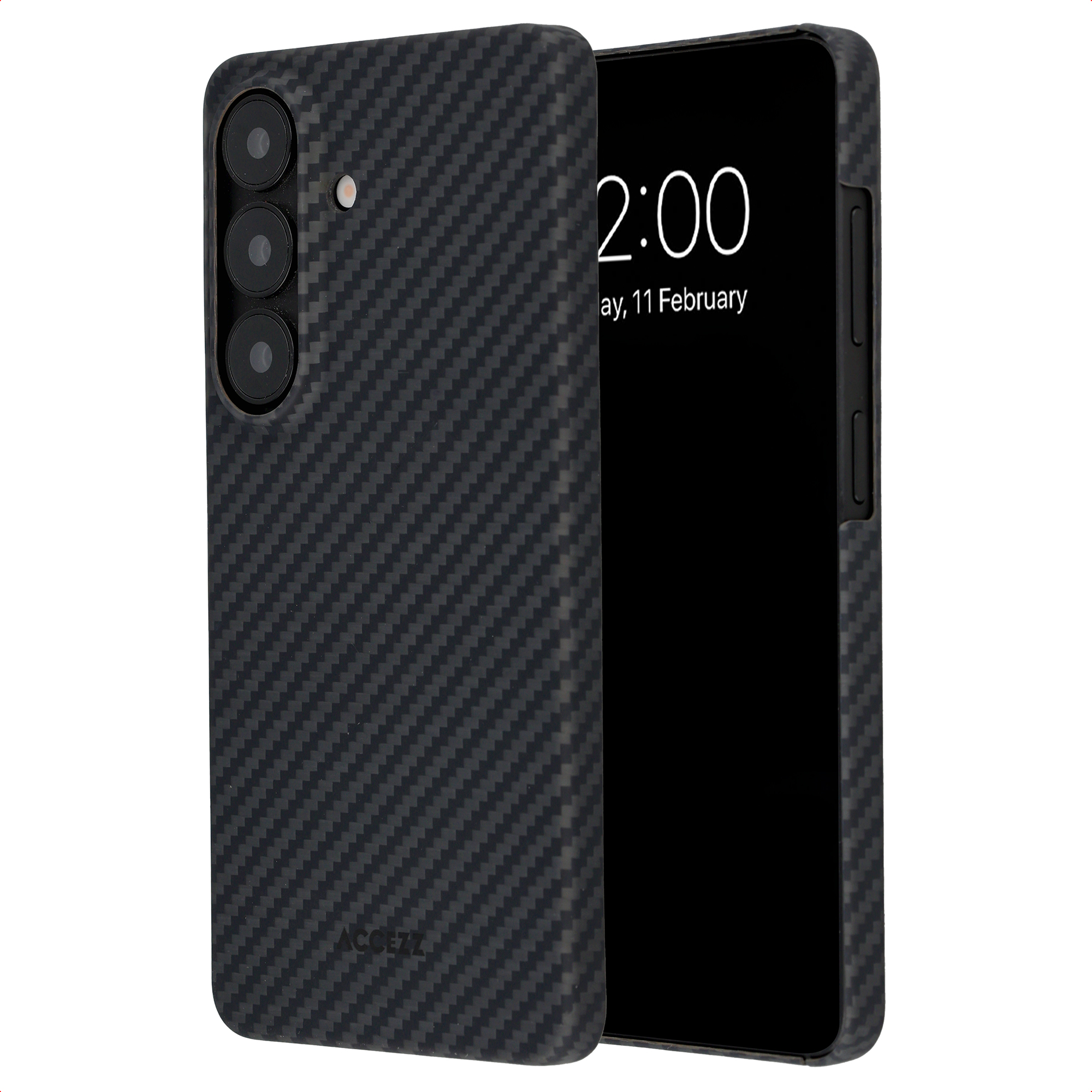 Un smartphone avec coque en fibre de carbone, triple appareil photo, affichage 2:00.