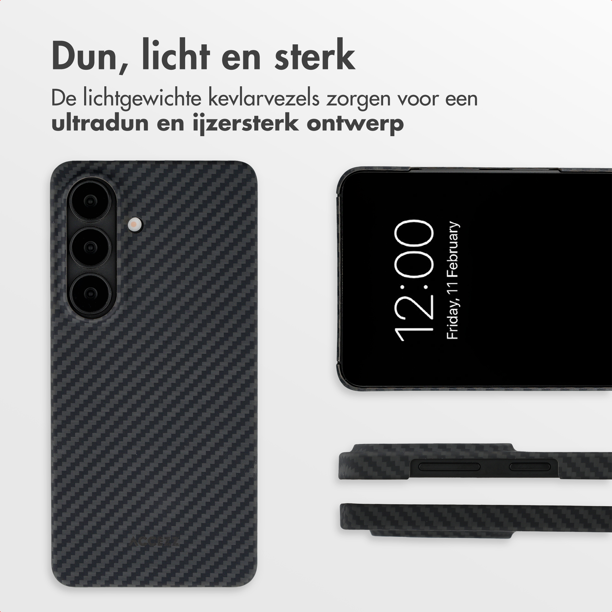 Coque de téléphone noire à motif fibre de carbone, à côté d'un smartphone et deux vues.