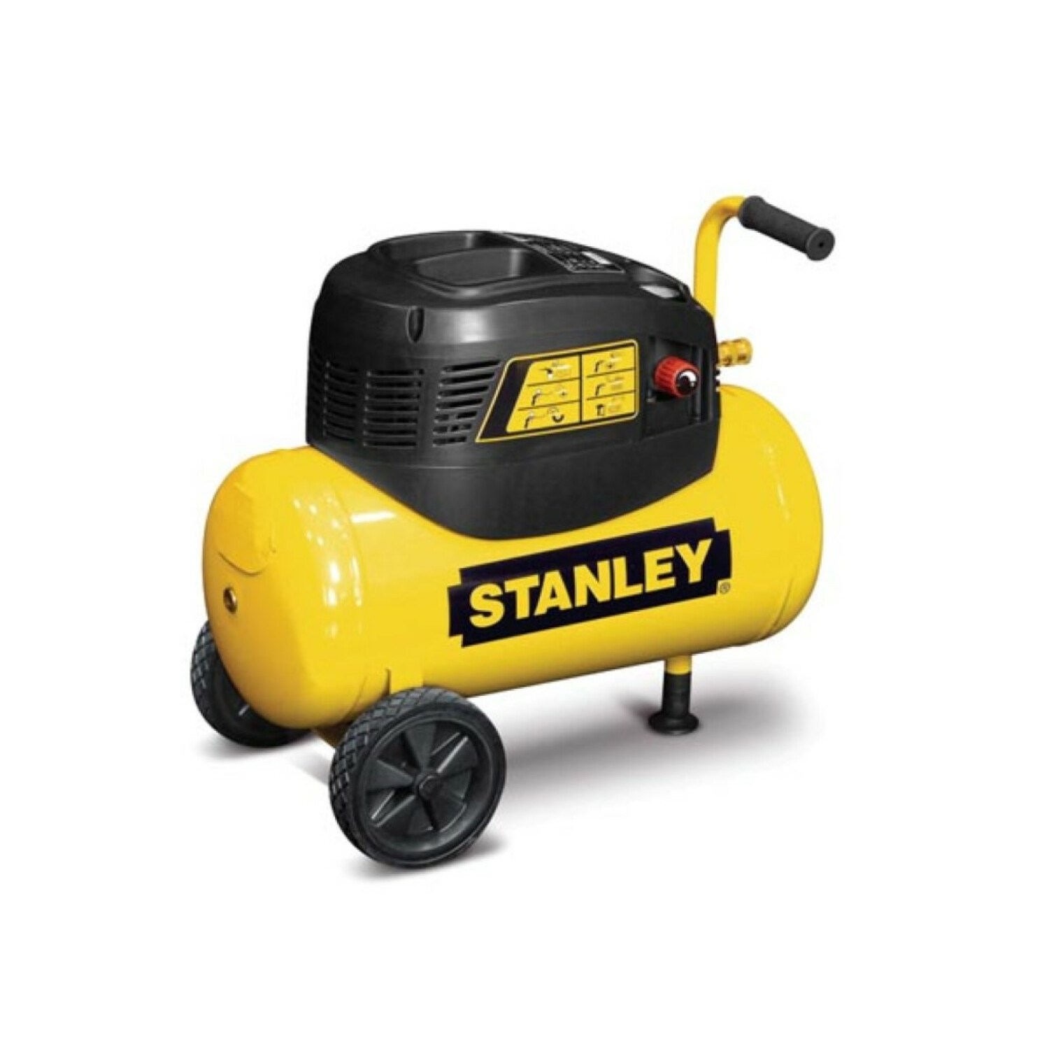 Compressore d'aria Stanley giallo con ruote e manico neri, su sfondo bianco.