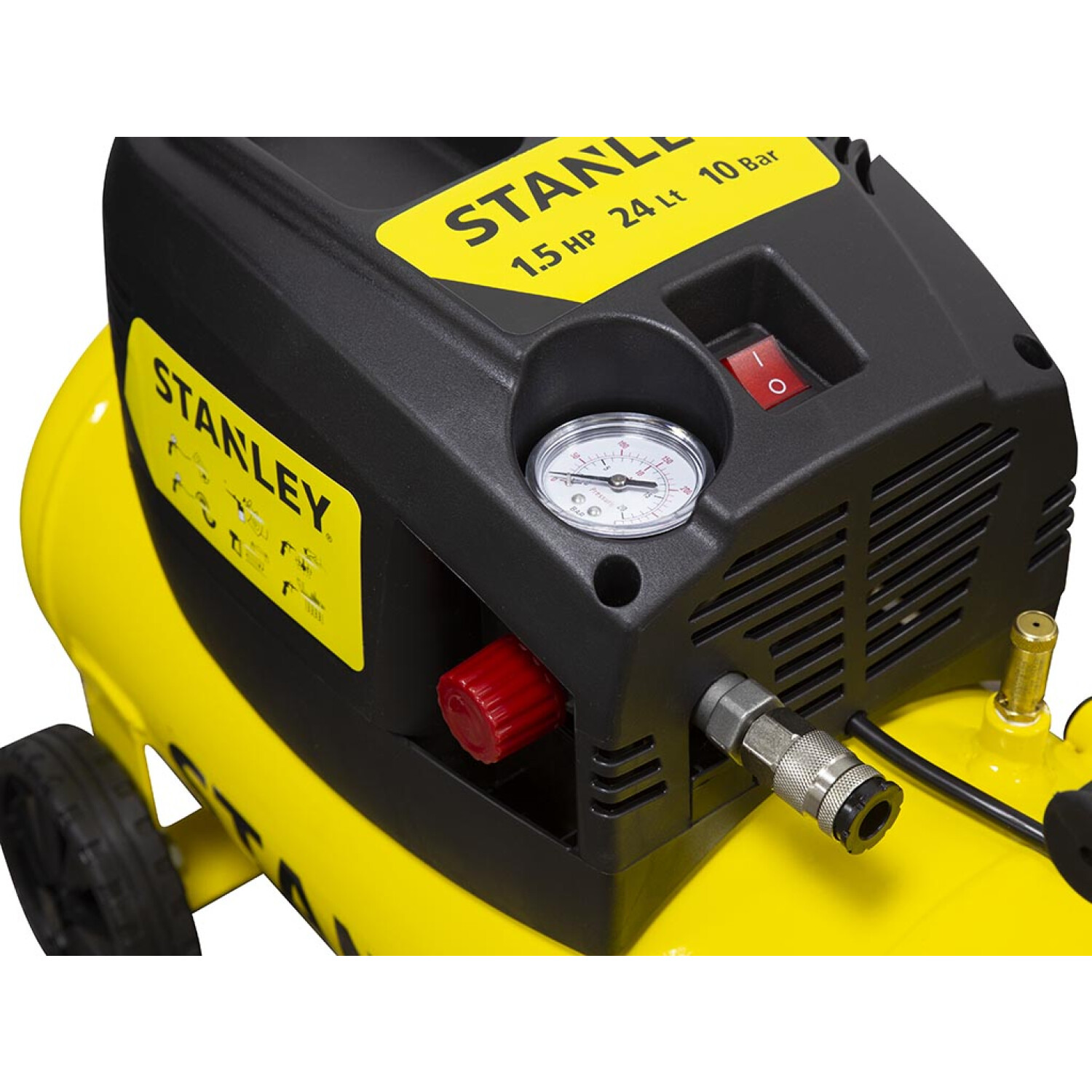 Compressore d'aria Stanley giallo con alloggiamento nero, manometro e interruttore.