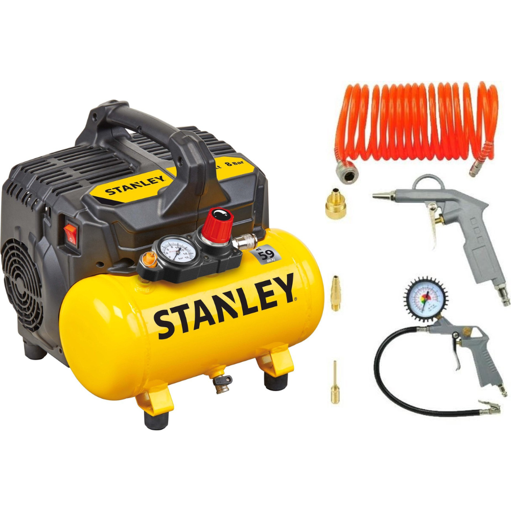 Een gele Stanley luchtcompressor met accessoires: slang, spuitpistool en bandenvuller.