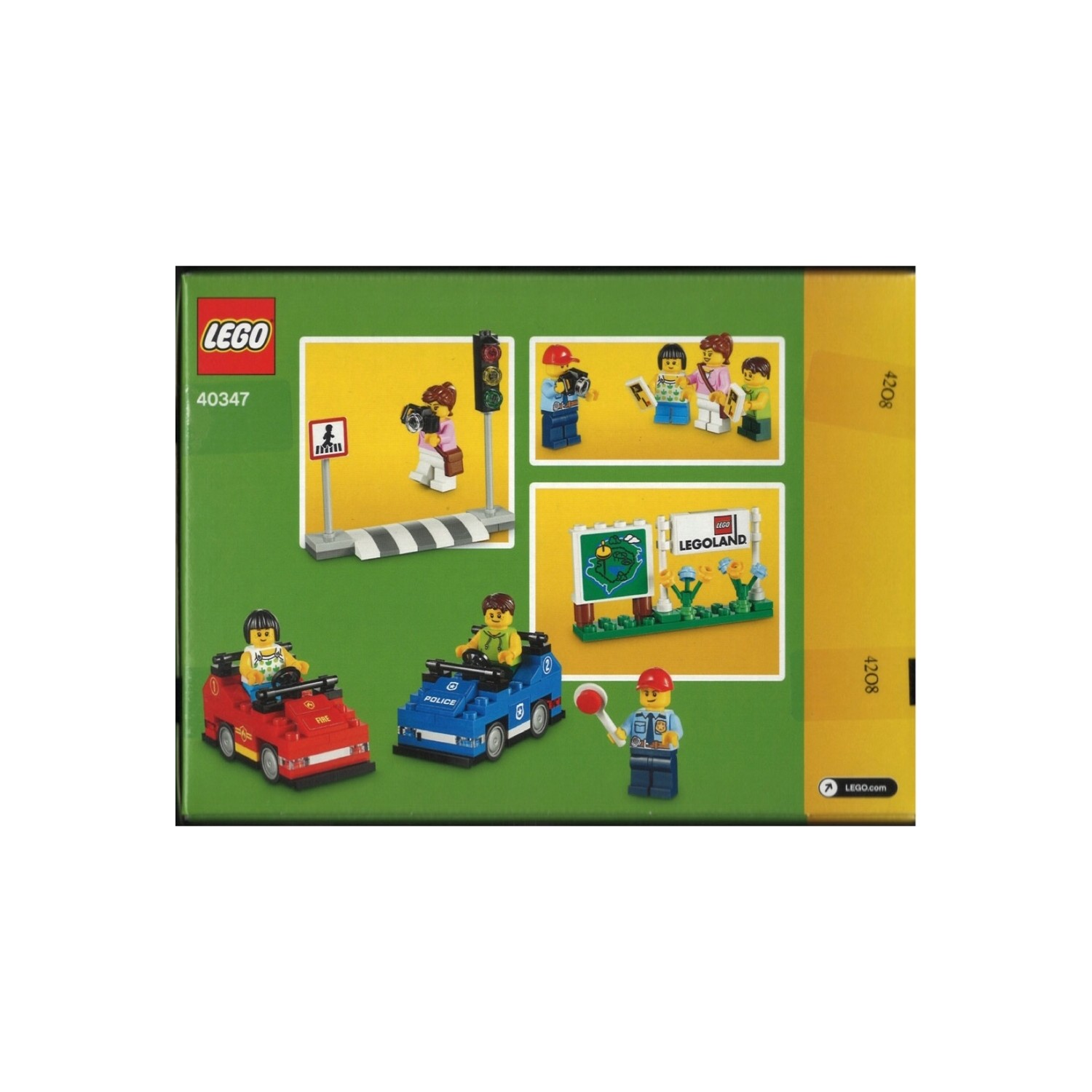 Arabalar, figürler, trafik lambası ve Legoland tabelası içeren Lego seti.