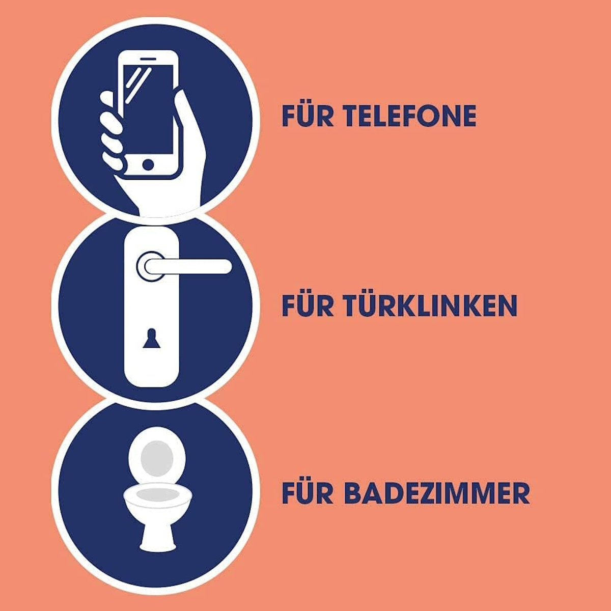 Symbole: Handy, Türklinke, Toilette. Texte: Für Telefone, Türklinken, Badezimmer.