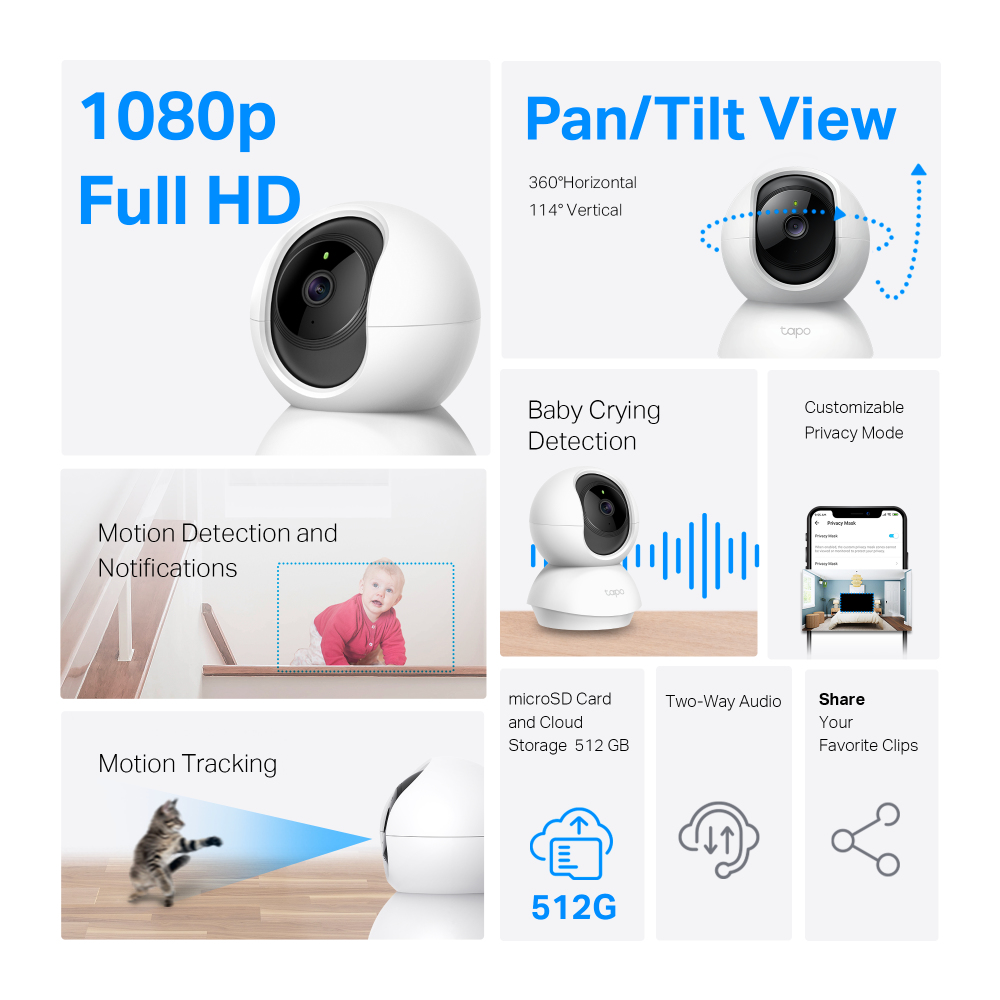 La telecamera Tapo offre 1080p HD, vista pan/tilt, rilevamento movimento, rilevamento pianto neonato e 512 GB.