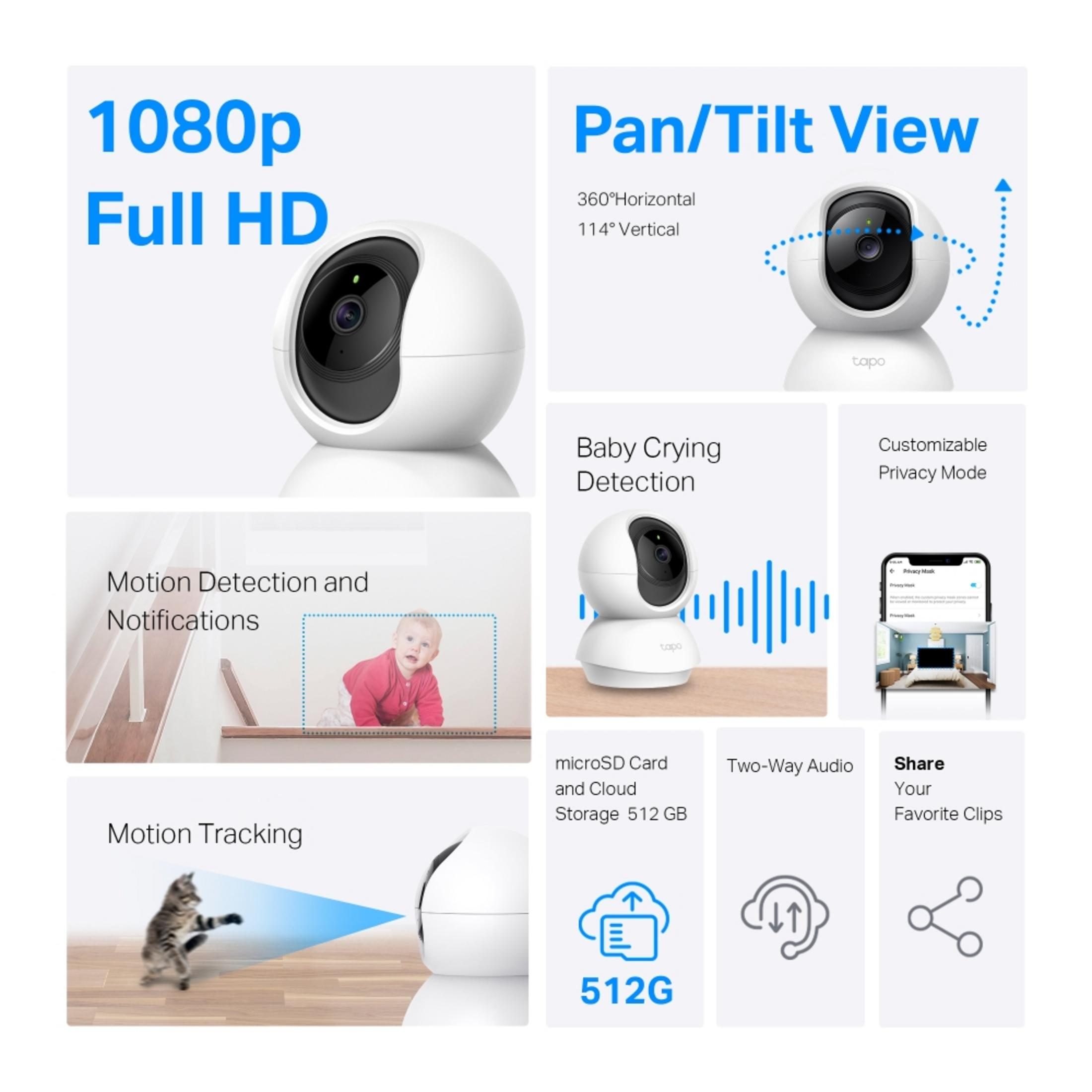 Telecamera Full HD 1080p con visuale pan/tilt, rilevamento movimento, rilevamento pianto neonato e altro.