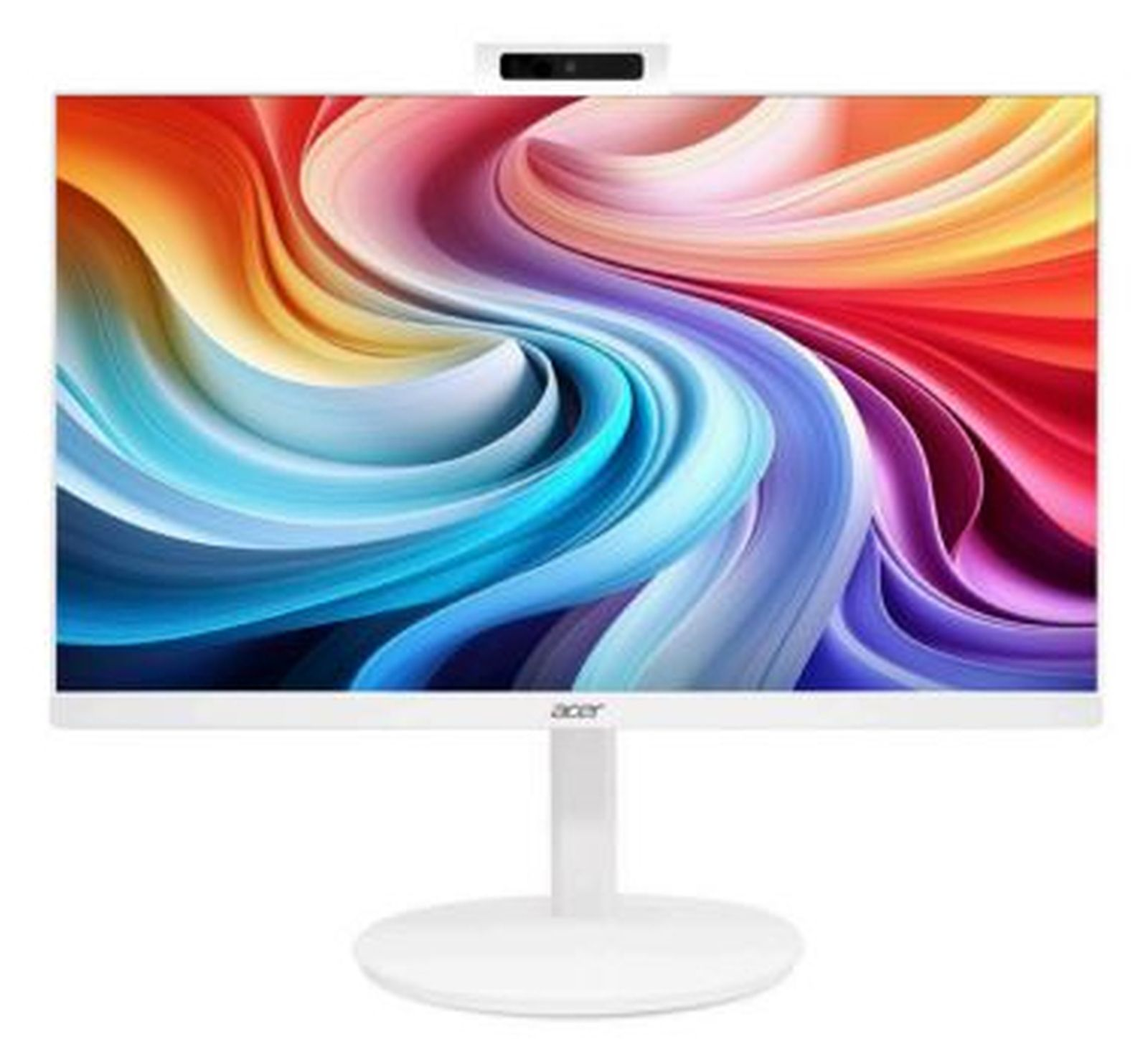 Un PC All-in-One Acer bianco con un'immagine di sfondo astratta colorata.