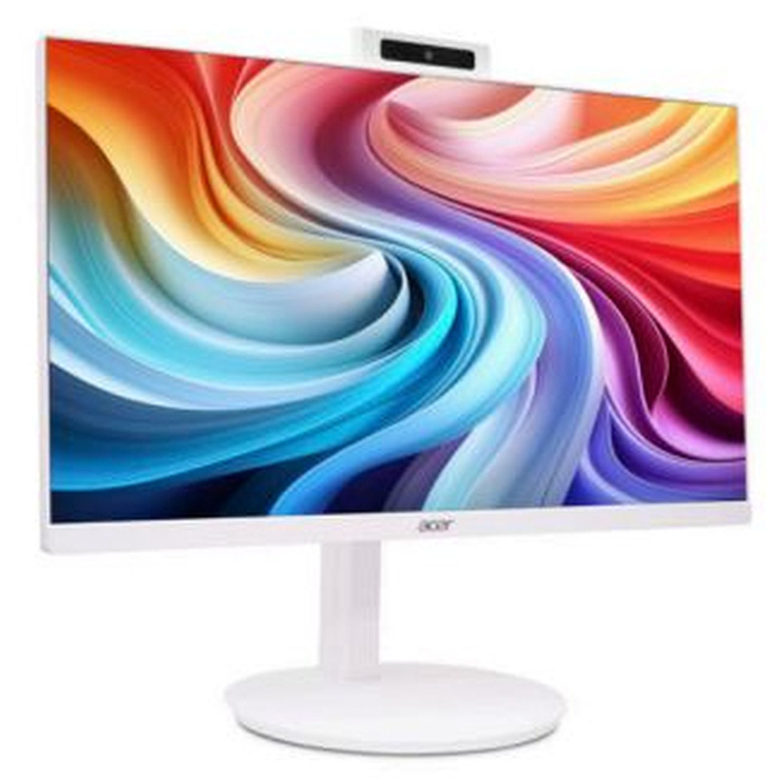 Un computer all-in-one bianco con uno sfondo colorato e vorticoso e una webcam in cima.