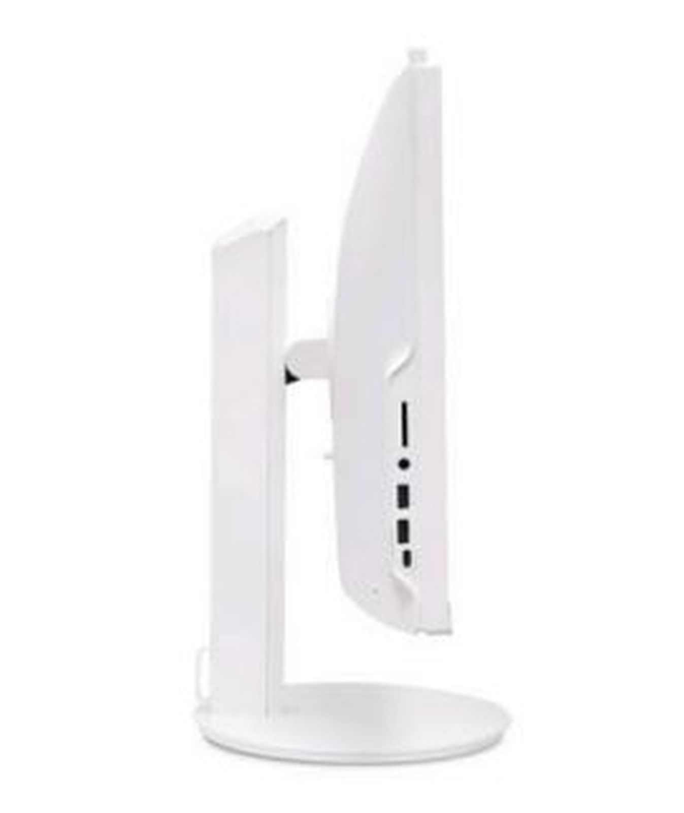 Un monitor di computer bianco è mostrato di lato su sfondo bianco.