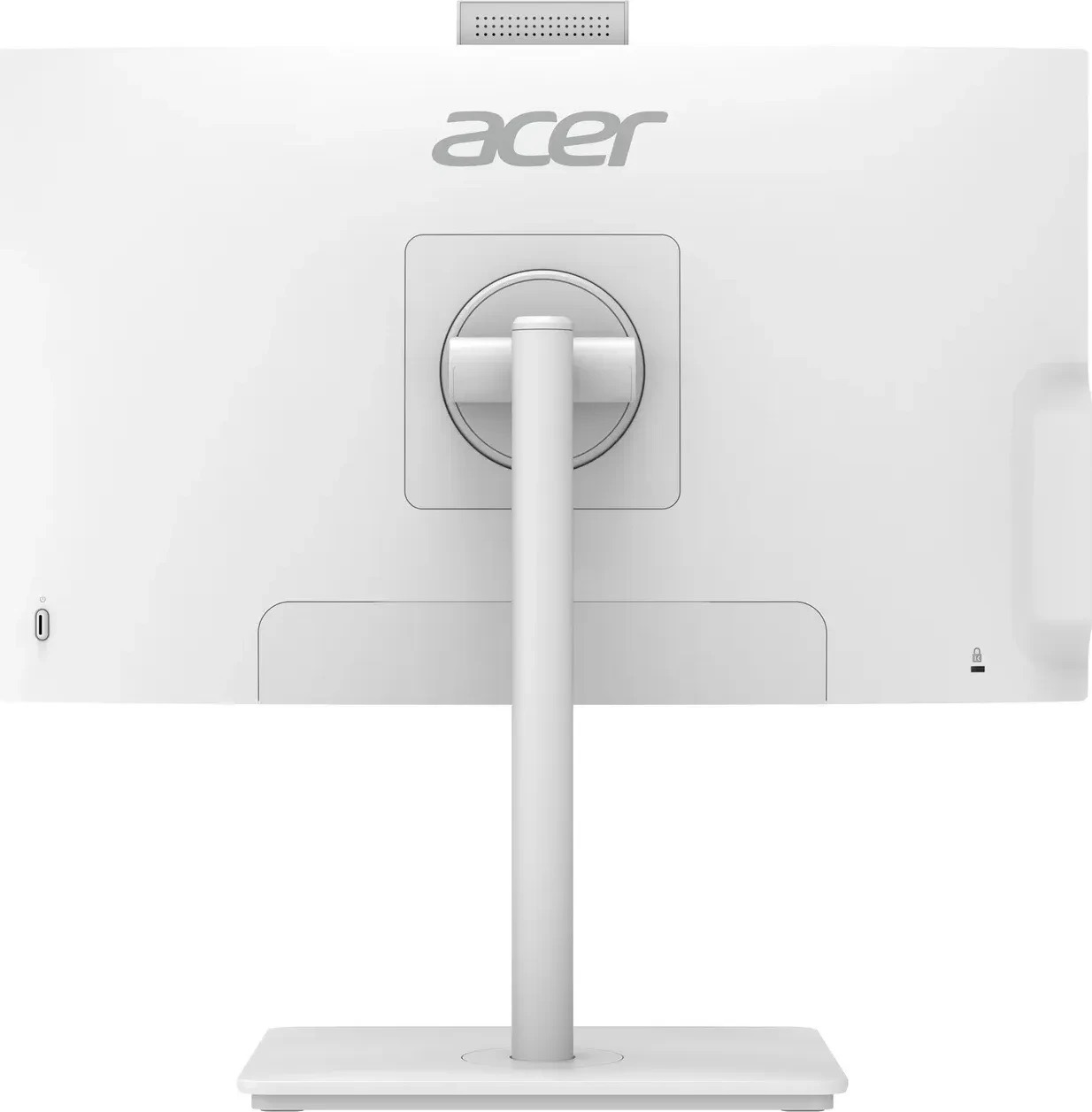 Monitor Acer bianco visto da dietro, con fotocamera e supporto.