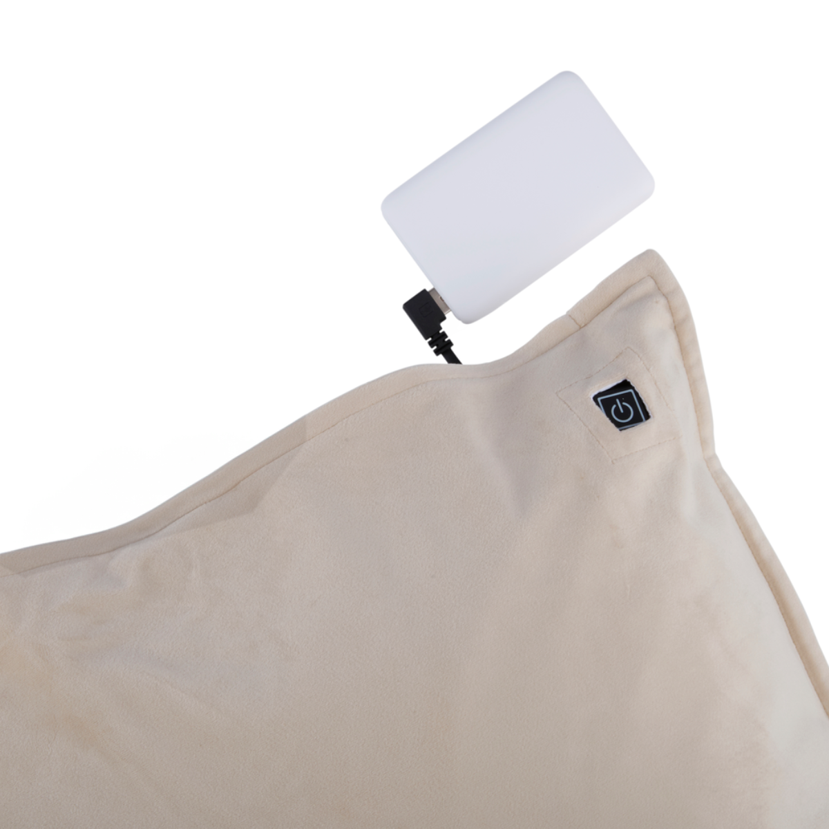 A cream-colored heated pad with a white power bank and black cable.