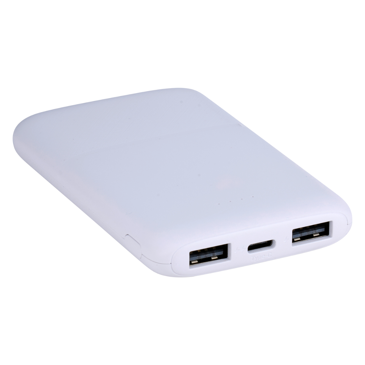 A white power bank device with two USB ports and one USB-C port.