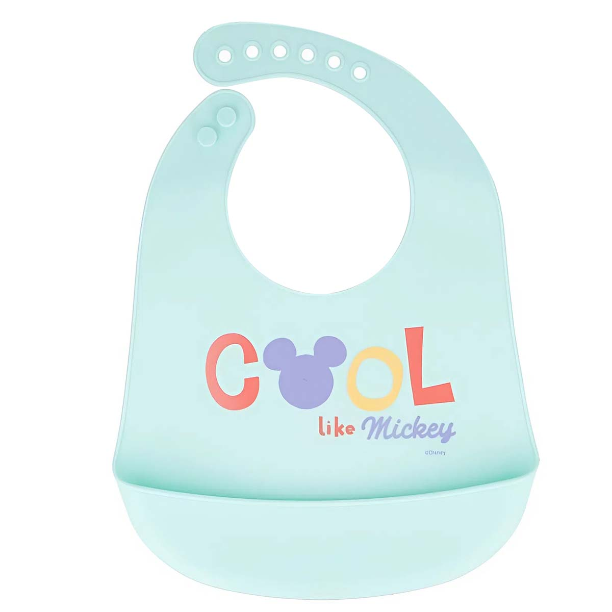 Un bavaglino verde chiaro con la scritta "COOL like Mickey" e orecchie di Topolino.