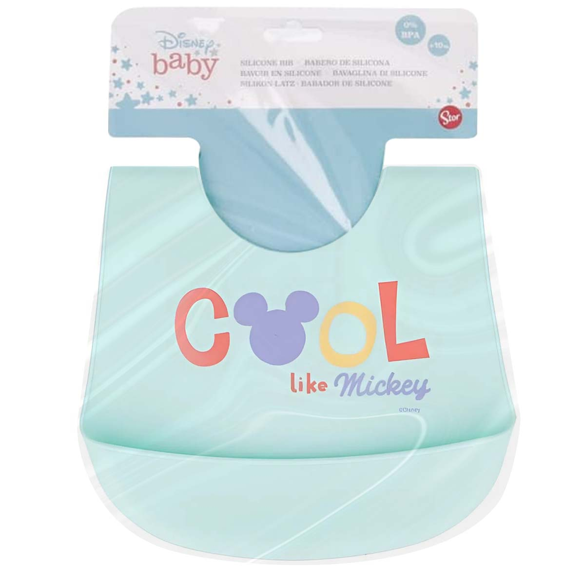 Un bavaglino Disney baby verde menta con scritta "Cool like Mickey" e testa di Mickey.