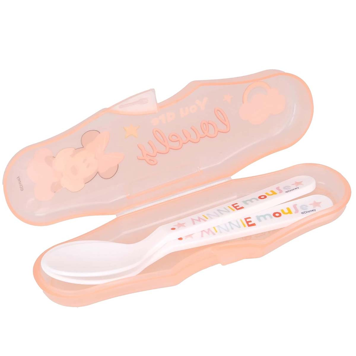 Un astuccio rosa con set di cucchiaio e forchetta con disegni di Minnie Mouse.