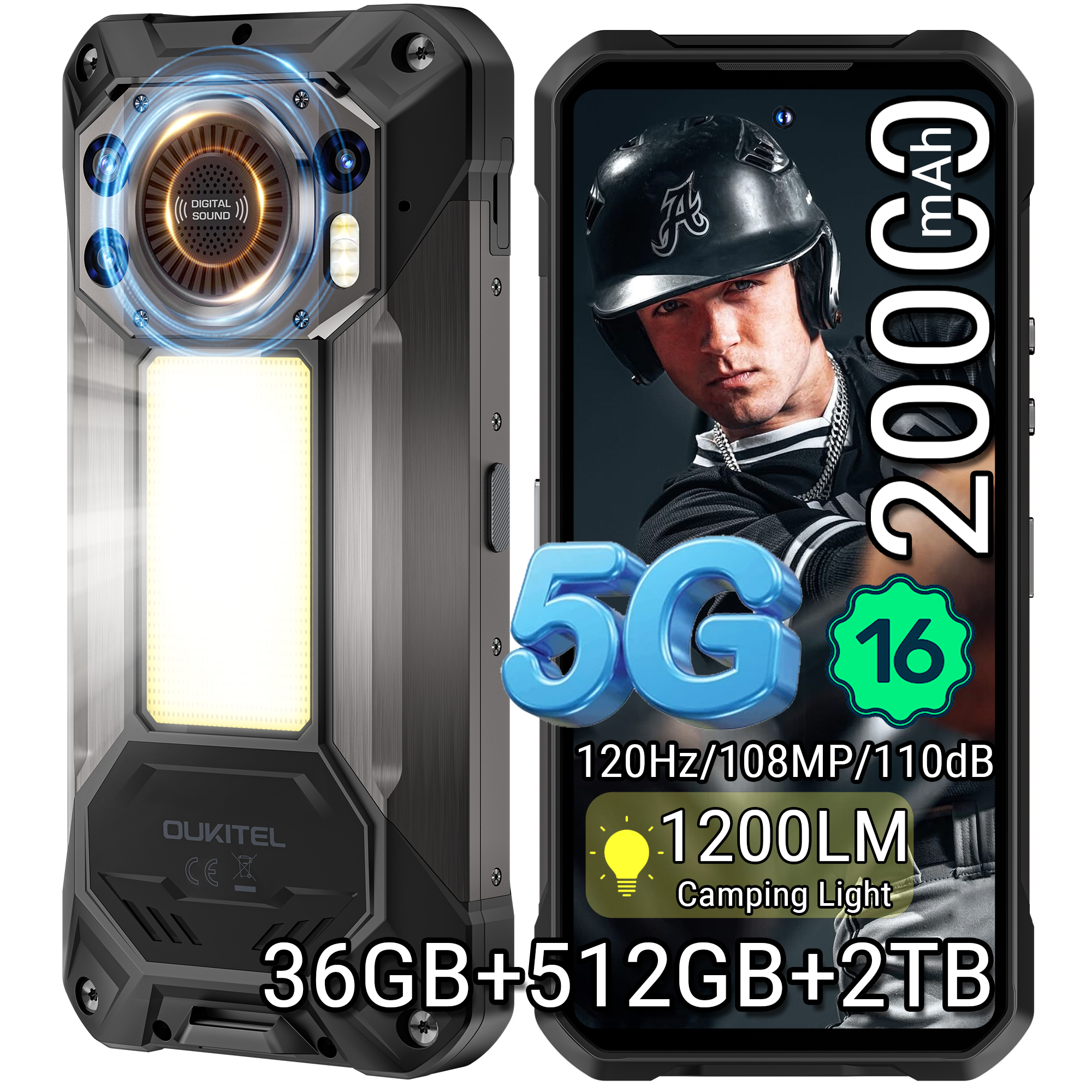 Smartphone robusto con batteria da 20000 mAh, 5G, 120Hz, 108MP, luce campeggio 1200LM.