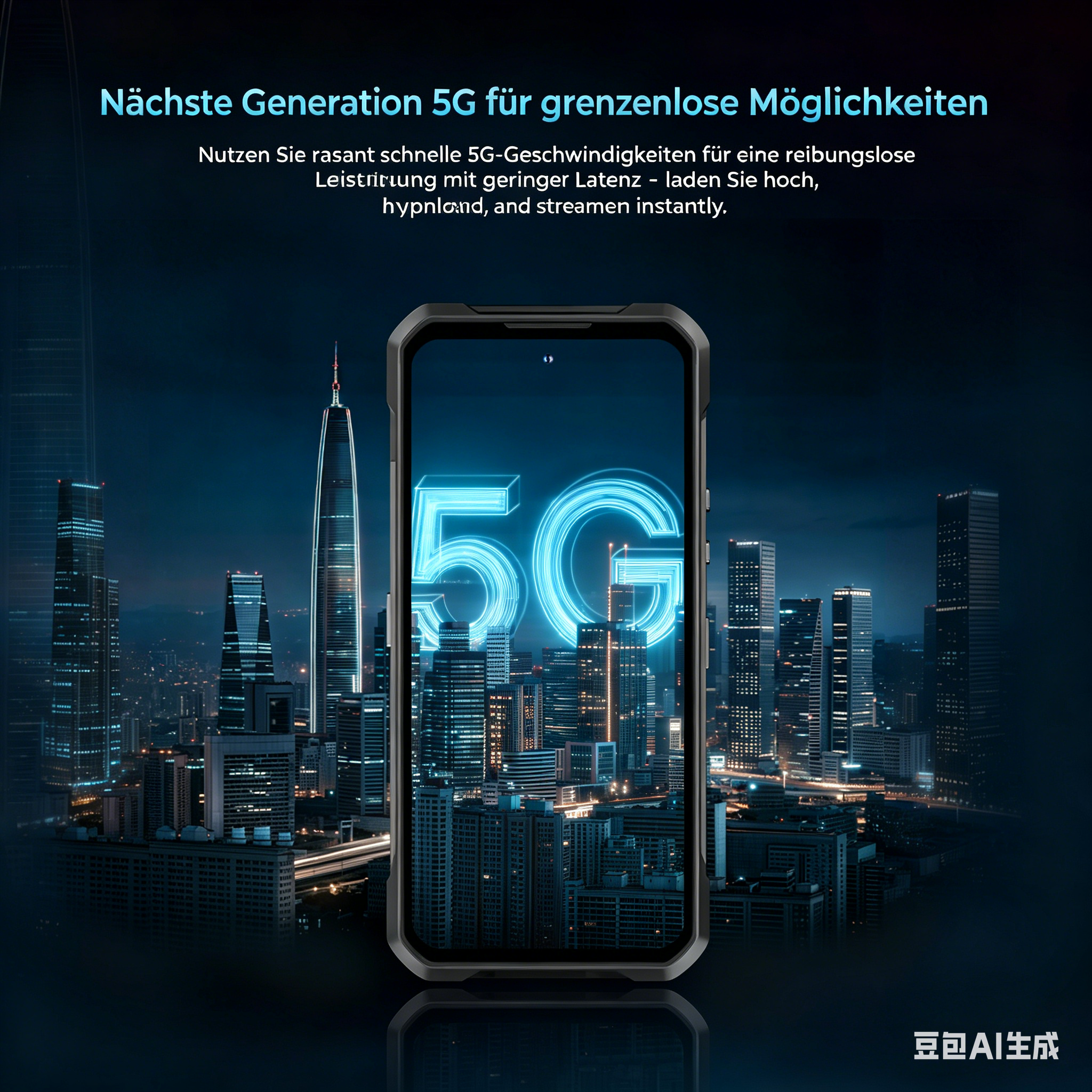 Smartphone mostra "5G" su skyline notturno. "5G di prossima generazione"